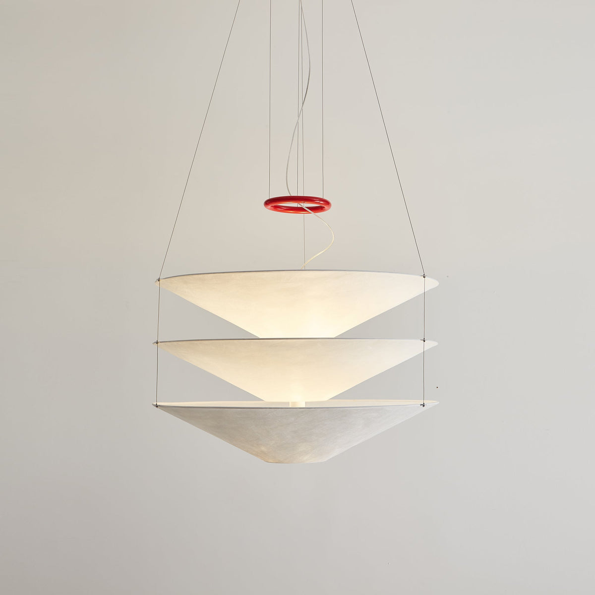 Floating Pendant Light - 1980 Vintage DuPont Paper & Red Counterweight Ring Light