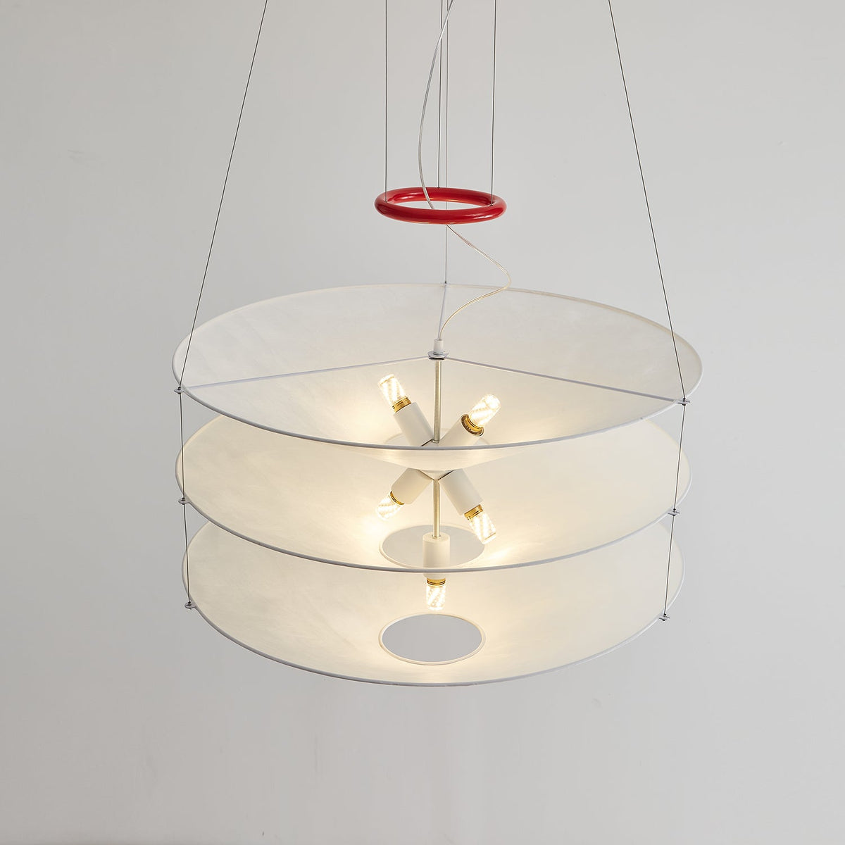 Floating Pendant Light - 1980 Vintage DuPont Paper & Red Counterweight Ring Light