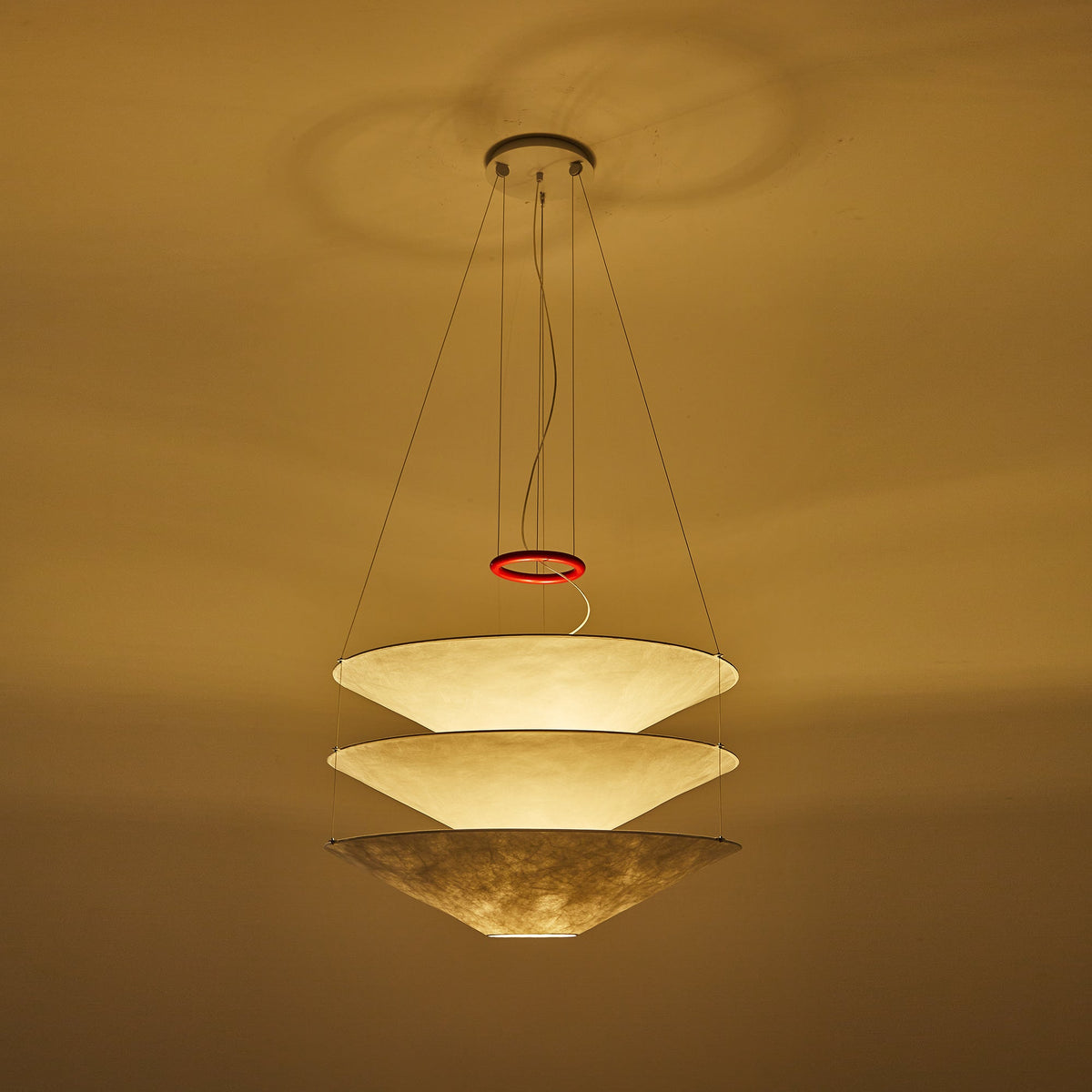 Floating Pendant Light - 1980 Vintage DuPont Paper & Red Counterweight Ring Light