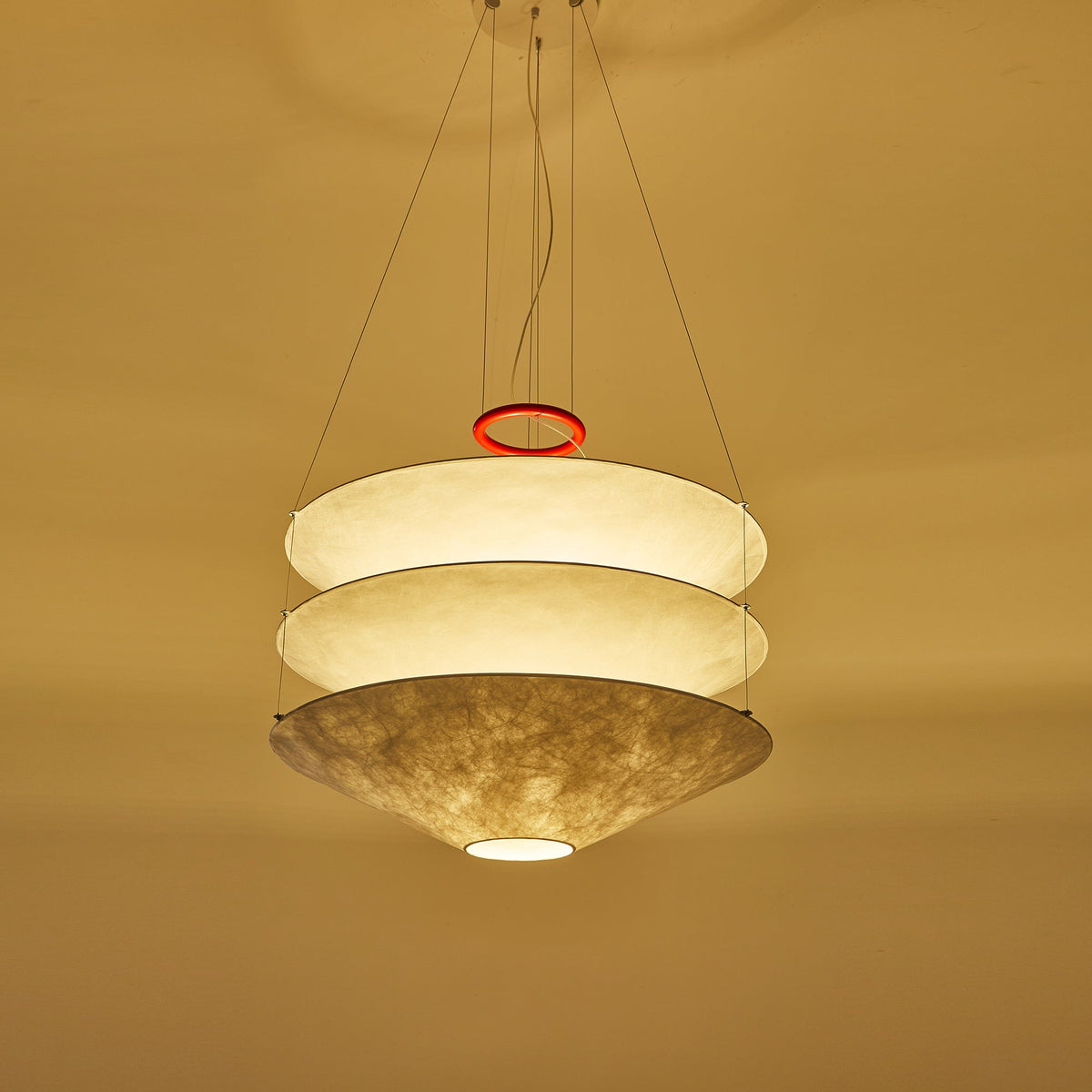 Floating Pendant Light - 1980 Vintage DuPont Paper & Red Counterweight Ring Light
