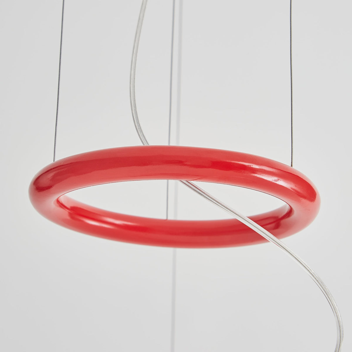 Floating Pendant Light - 1980 Vintage DuPont Paper & Red Counterweight Ring Light