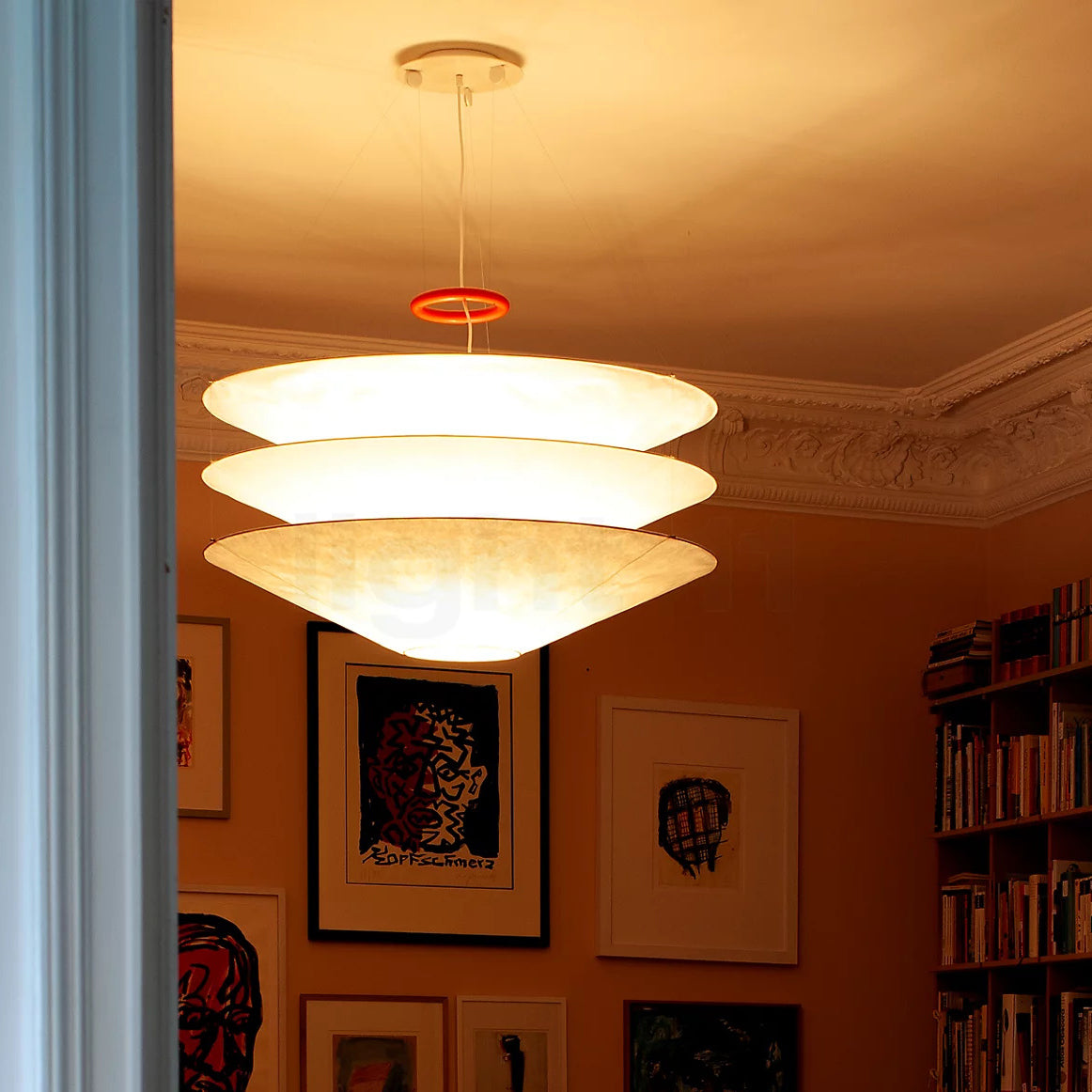Floating Pendant Light - 1980 Vintage DuPont Paper & Red Counterweight Ring Light