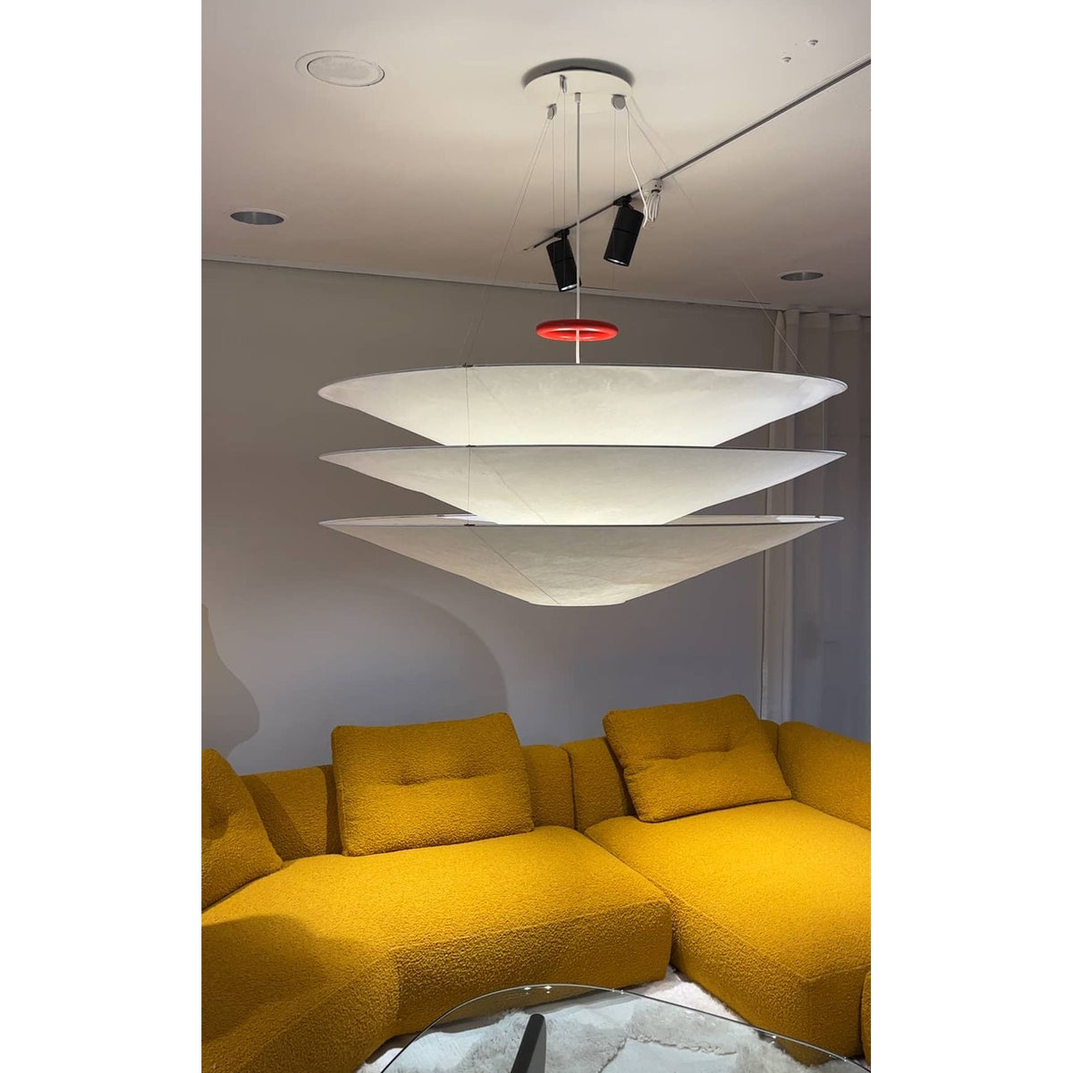 Floating Pendant Light - 1980 Vintage DuPont Paper & Red Counterweight Ring Light