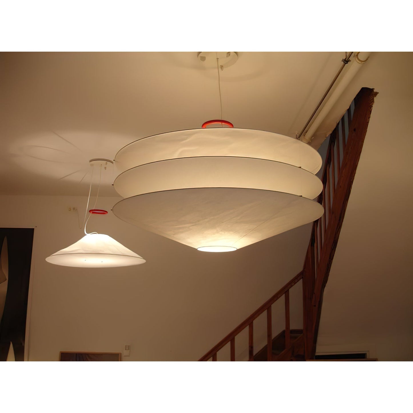Floating Pendant Light - 1980 Vintage DuPont Paper & Red Counterweight Ring Light