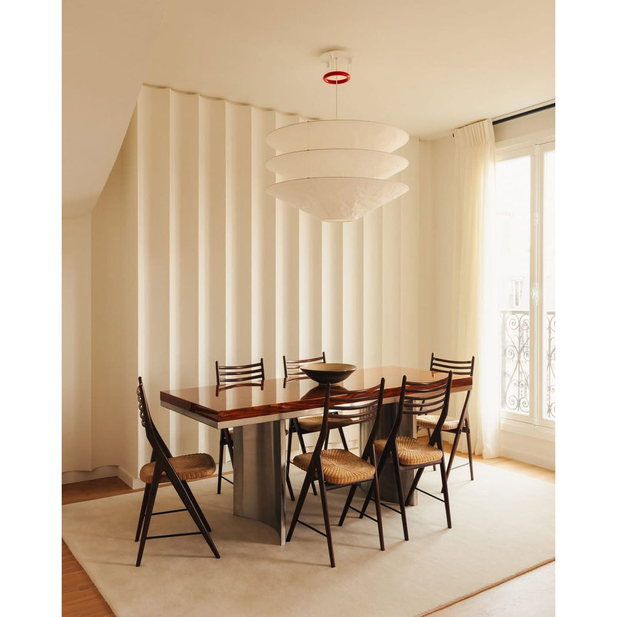 Floating Pendant Light - 1980 Vintage DuPont Paper & Red Counterweight Ring Light