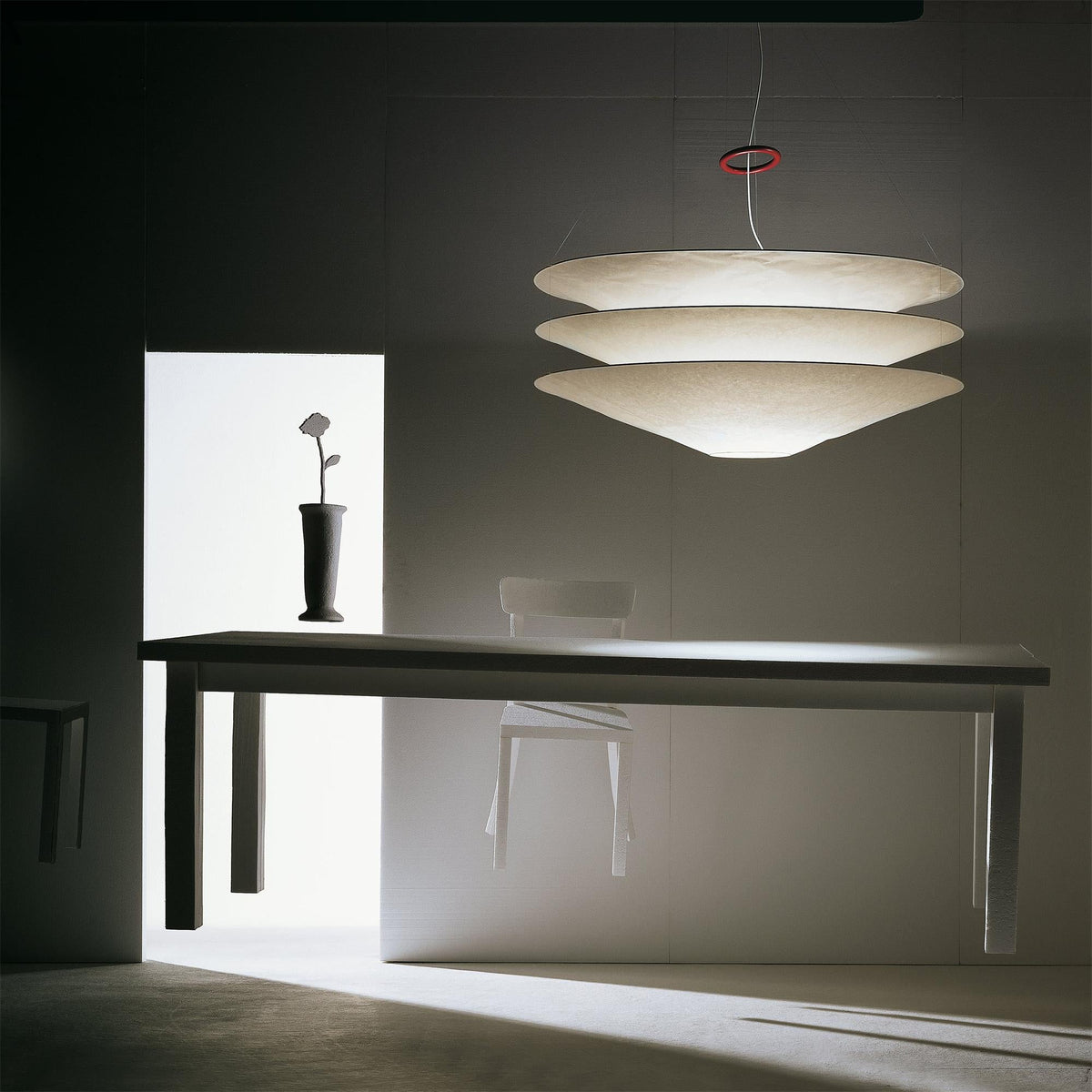 Floating Pendant Light - 1980 Vintage DuPont Paper & Red Counterweight Ring Light