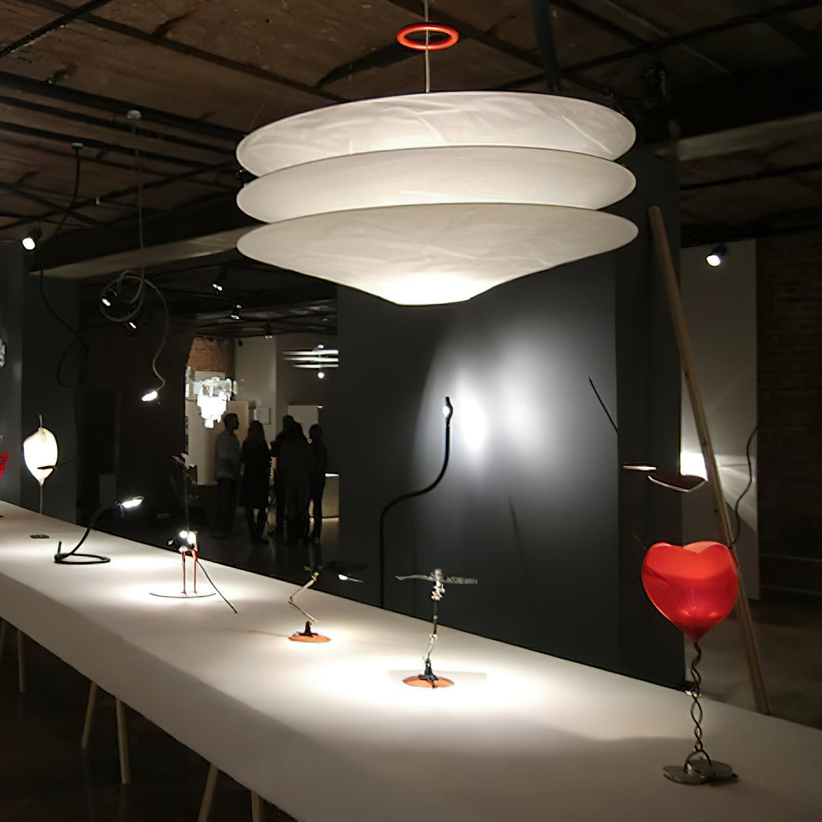 Floating Pendant Light - 1980 Vintage DuPont Paper & Red Counterweight Ring Light