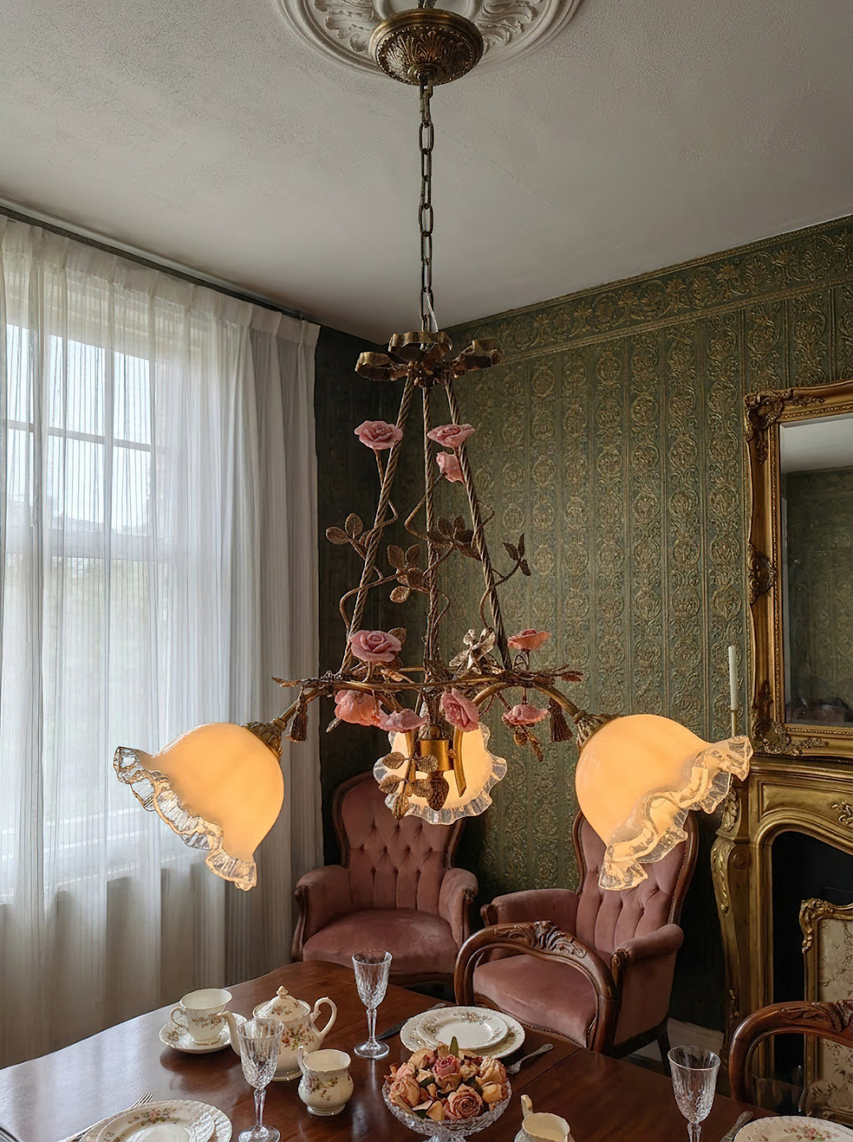 Flora Blossom Chandelier - Antique Bronze Brass & Handcrafted Ceramic Flower Chandelier