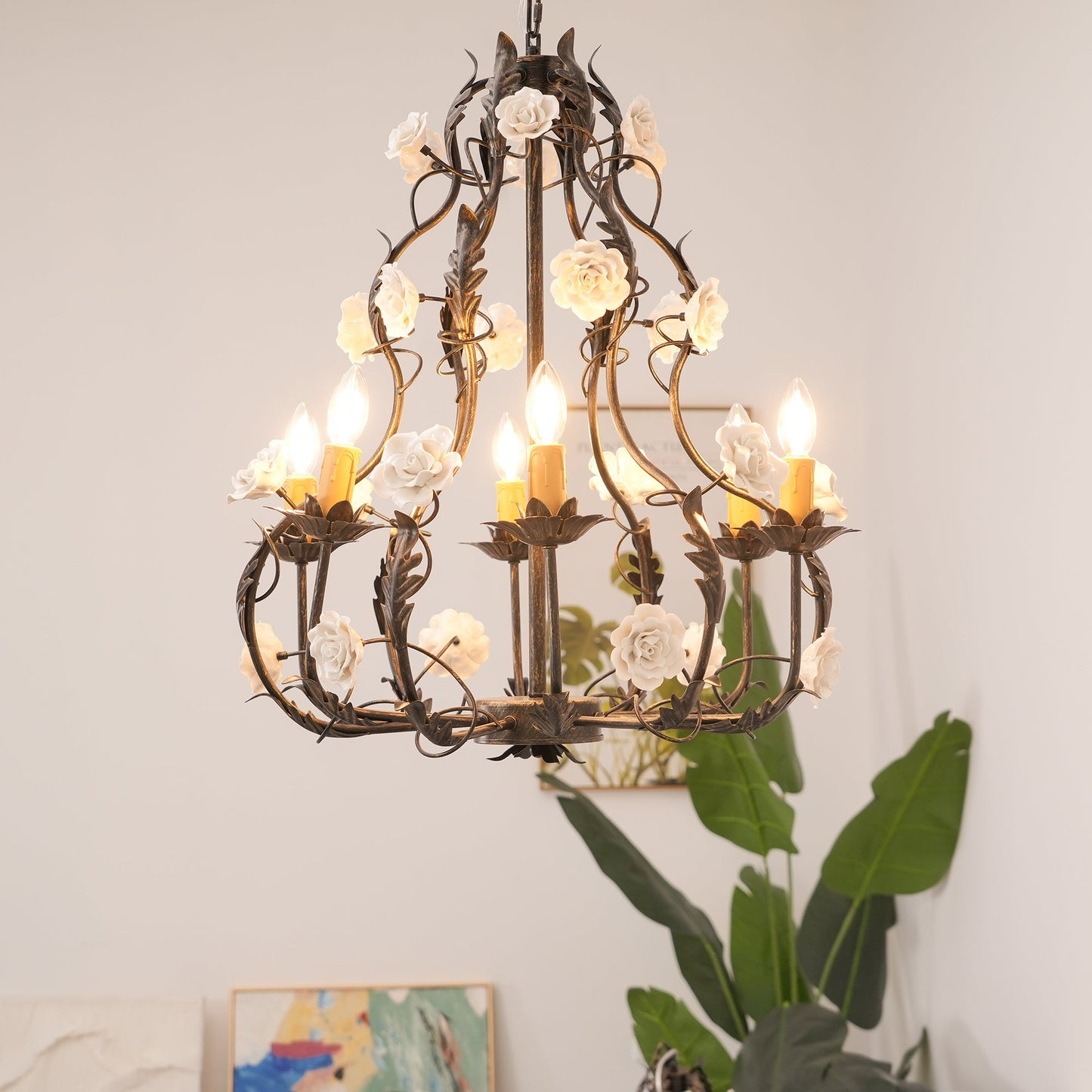 Florentine Rose Chandelier – Hand Forged Wrought Iron Floral Ceiling Light
