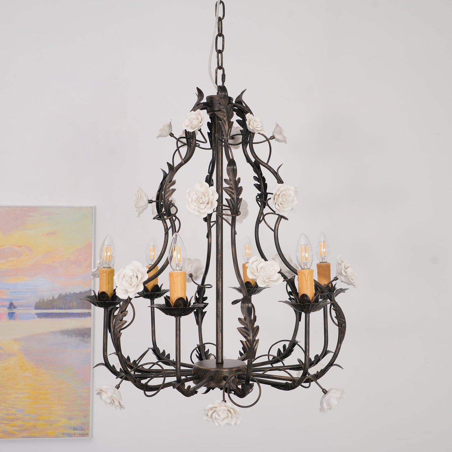 Florentine Rose Chandelier – Hand Forged Wrought Iron Floral Ceiling Light