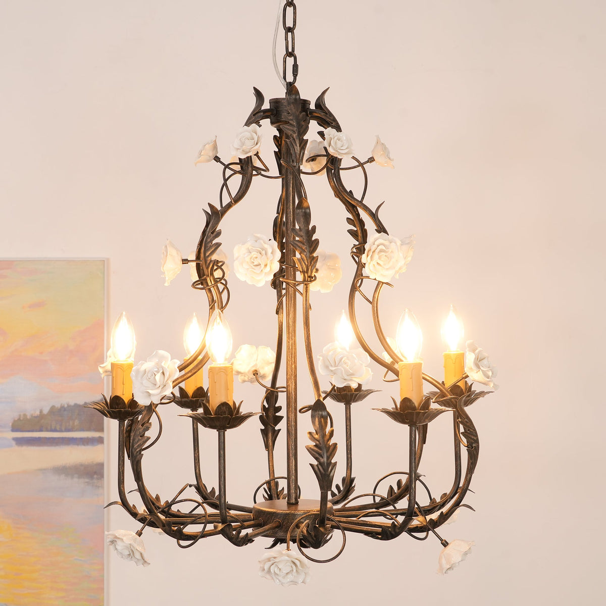 Florentine Rose Chandelier – Hand Forged Wrought Iron Floral Ceiling Light