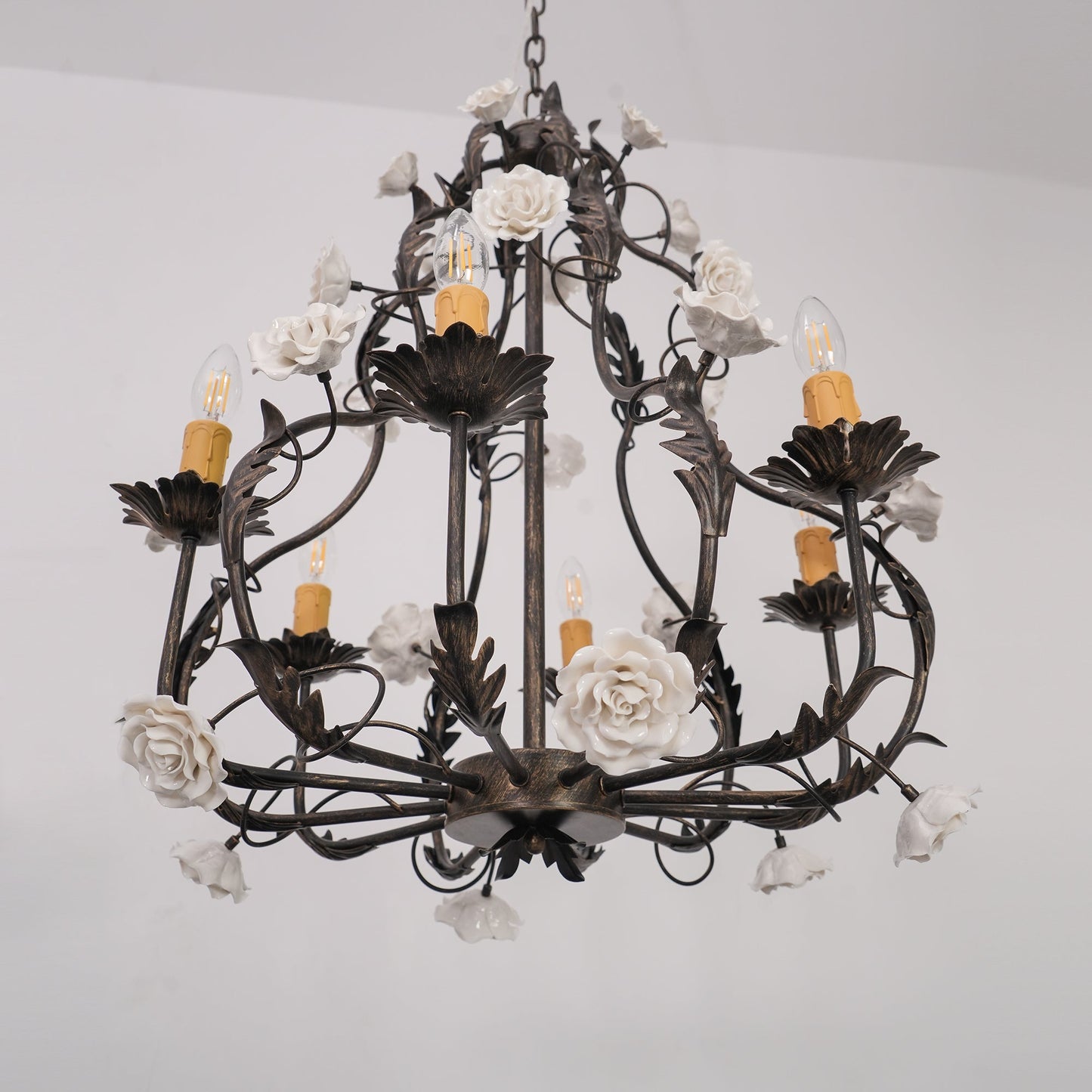 Florentine Rose Chandelier – Hand Forged Wrought Iron Floral Ceiling Light