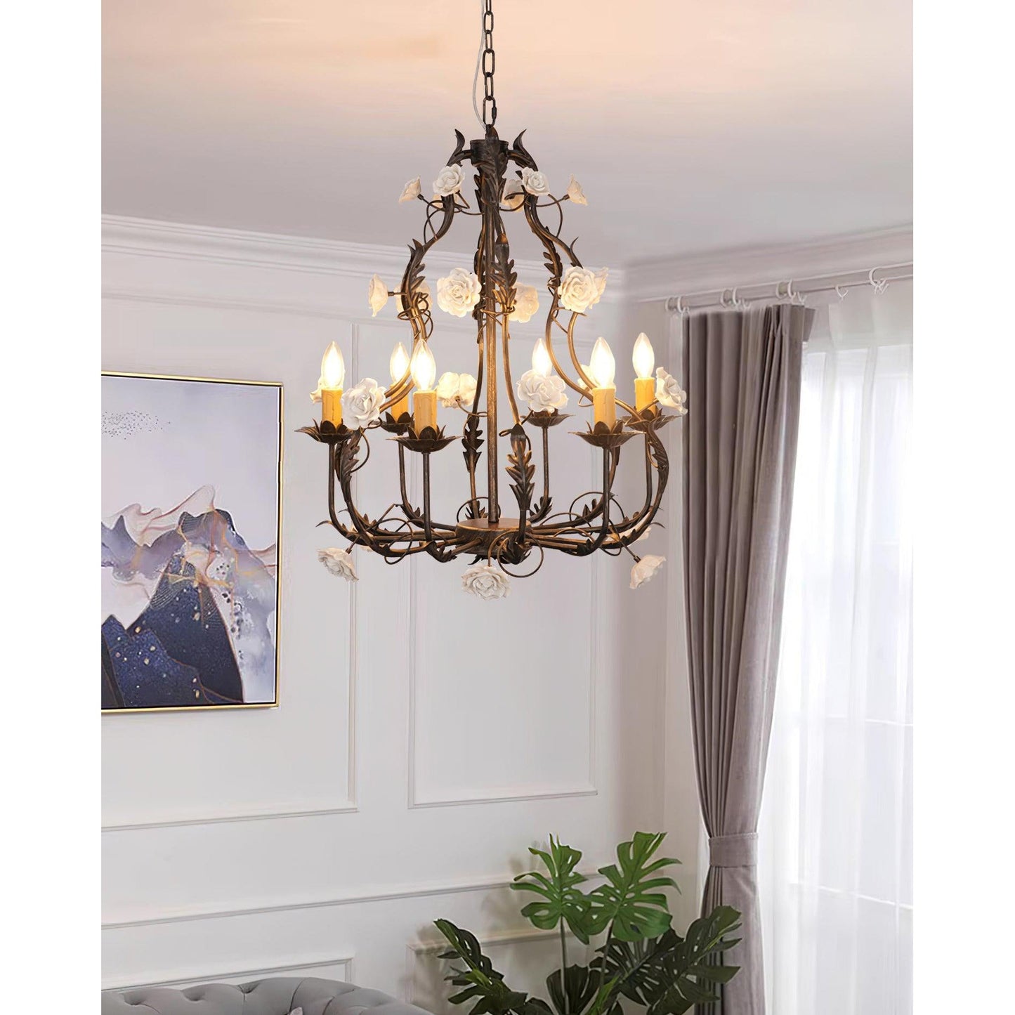 Florentine Rose Chandelier – Hand Forged Wrought Iron Floral Ceiling Light
