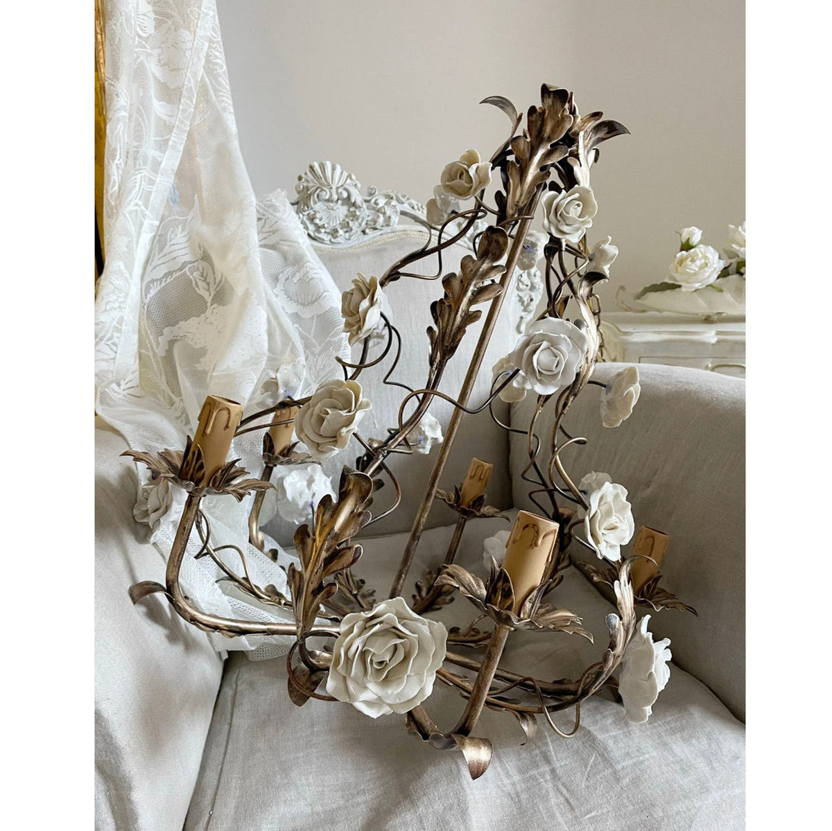 Florentine Rose Chandelier – Hand Forged Wrought Iron Floral Ceiling Light