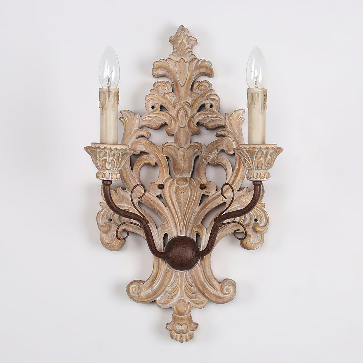Florentine Wood Wall Lamp - Distressed Old Wood & Metal Candelabra Sconce