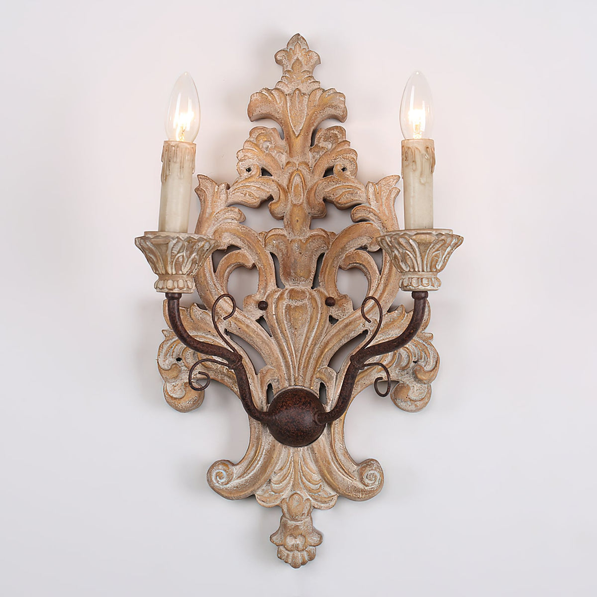 Florentine Wood Wall Lamp - Distressed Old Wood & Metal Candelabra Sconce