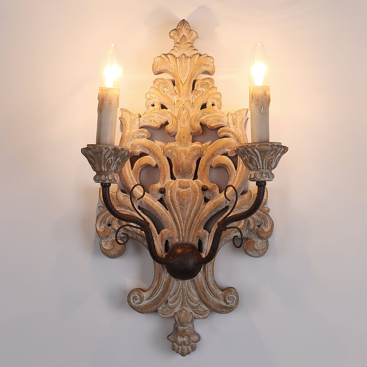 Florentine Wood Wall Lamp - Distressed Old Wood & Metal Candelabra Sconce