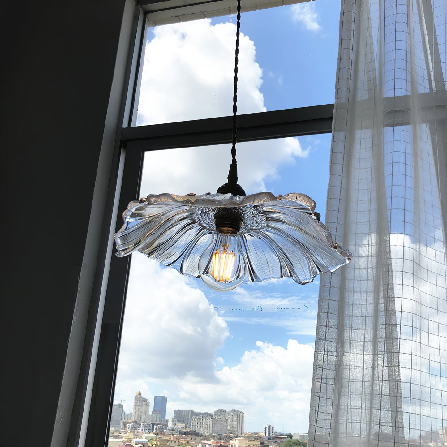 Flower Glass Pendant Lamp - Vintage Hand-Blown Petal Glass & Brass Light