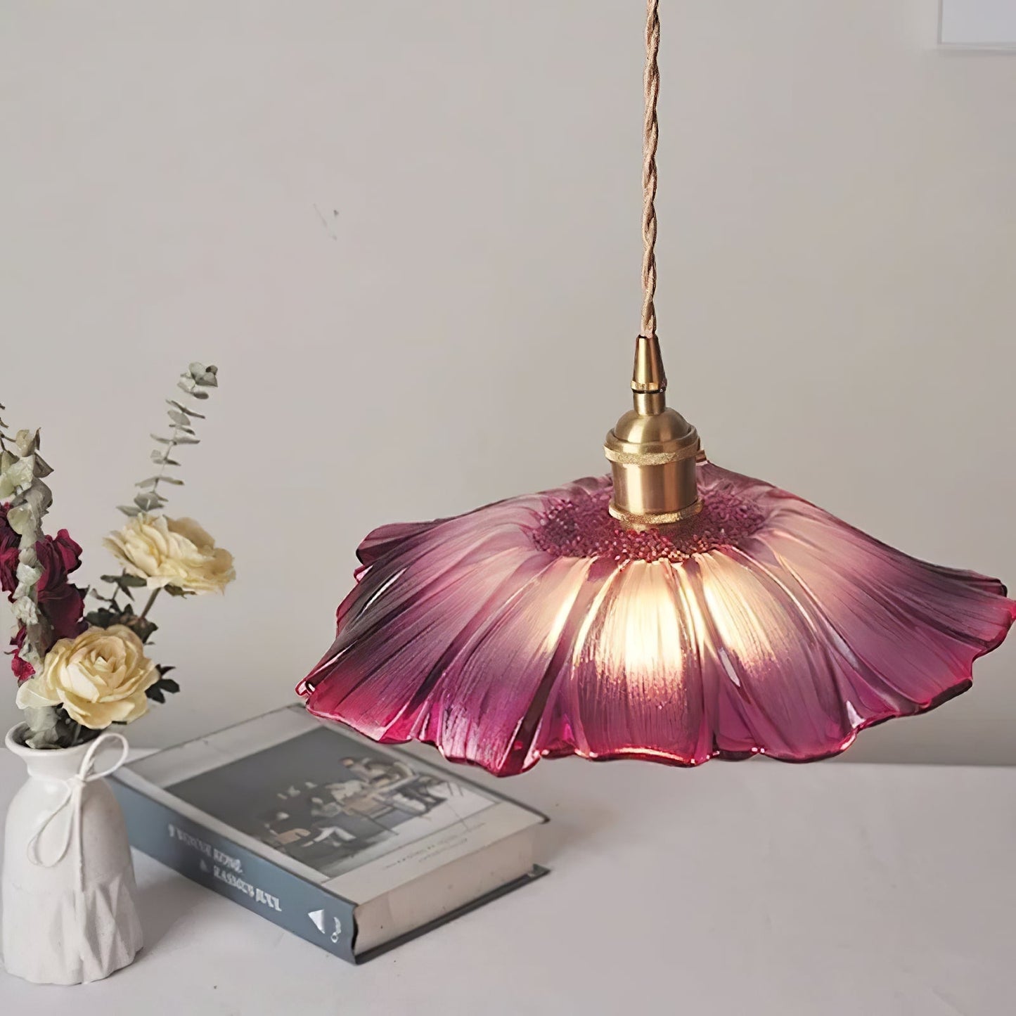 Flower Glass Pendant Lamp - Vintage Hand-Blown Petal Glass & Brass Light