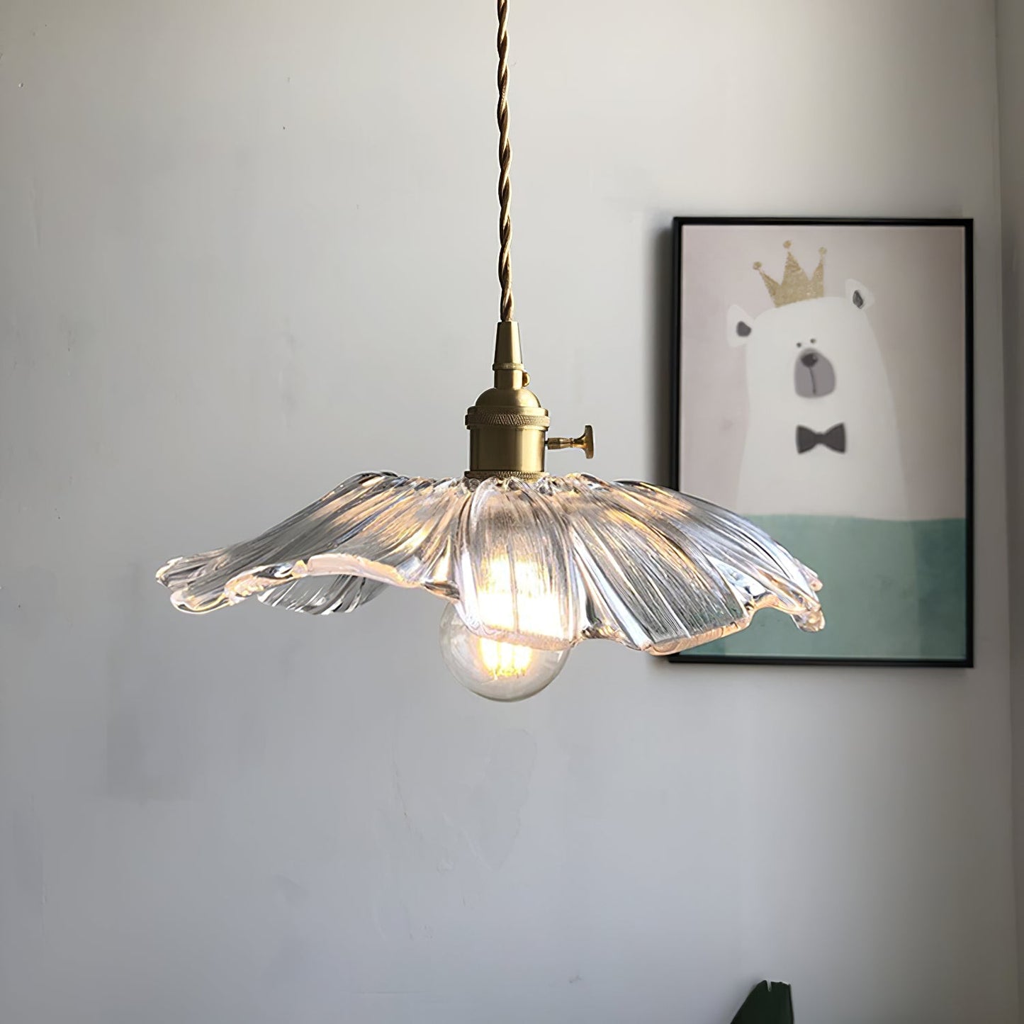 Flower Glass Pendant Lamp - Vintage Hand-Blown Petal Glass & Brass Light