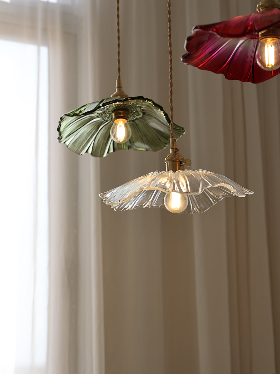 Flower Glass Pendant Lamp - Vintage Hand-Blown Petal Glass & Brass Light