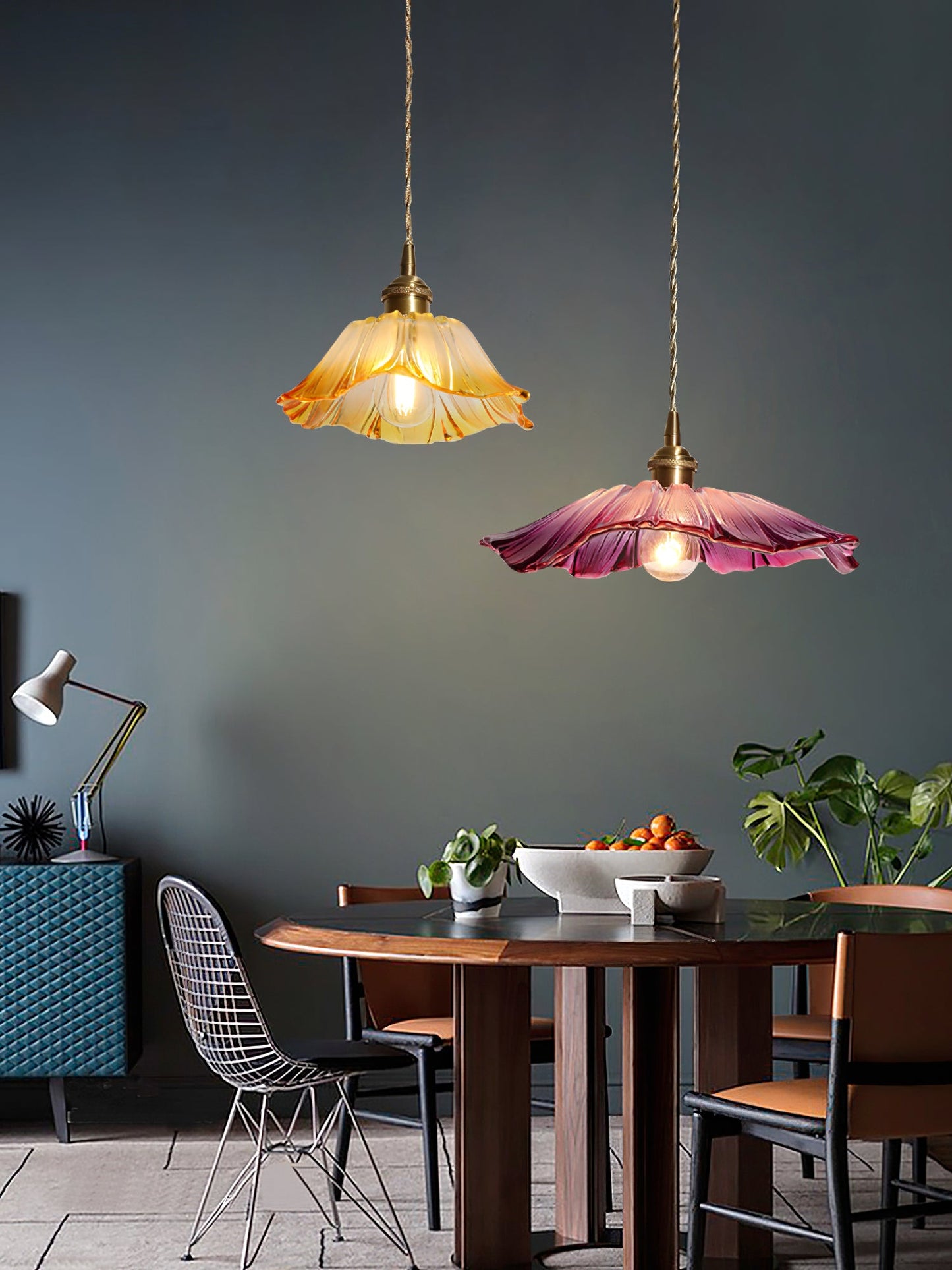 Flower Glass Pendant Lamp - Vintage Hand-Blown Petal Glass & Brass Light