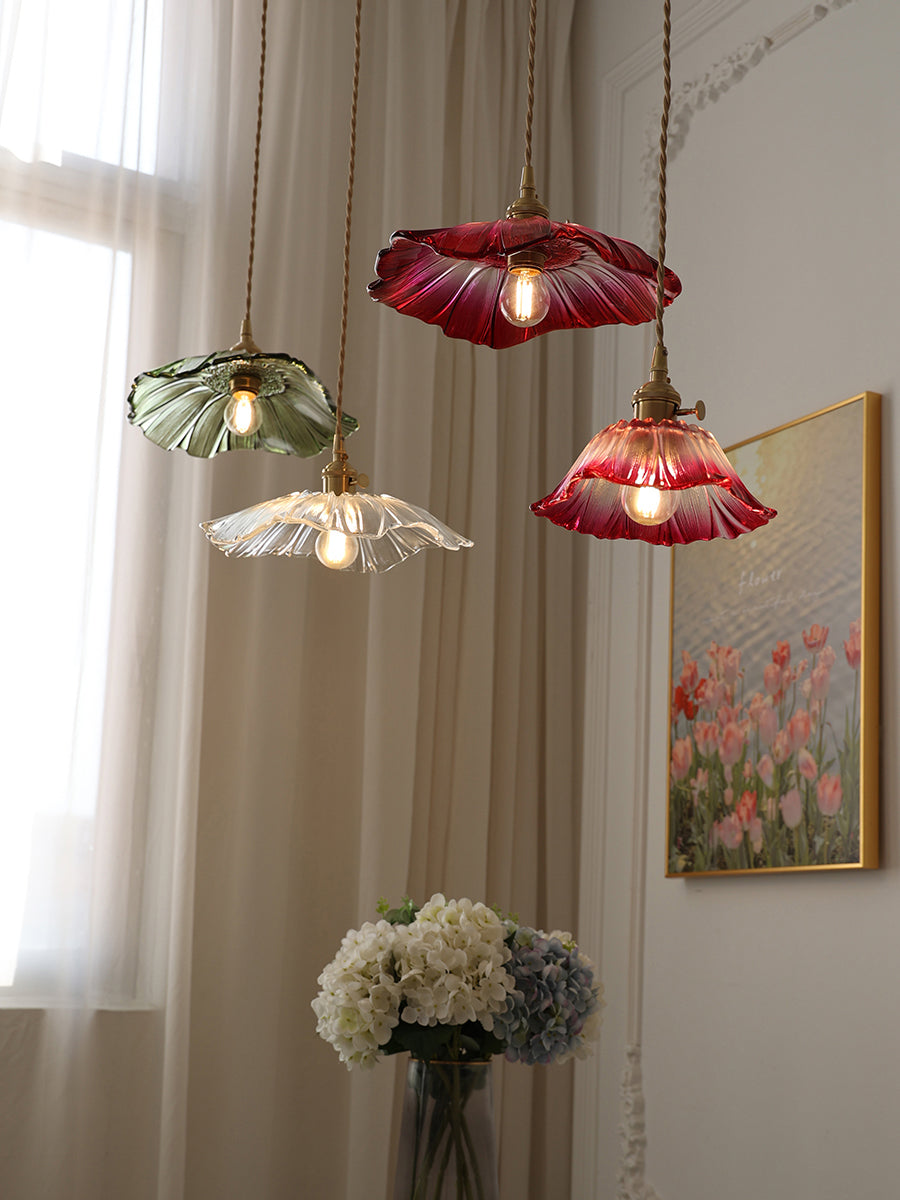 Flower Glass Pendant Lamp - Vintage Hand-Blown Petal Glass & Brass Light