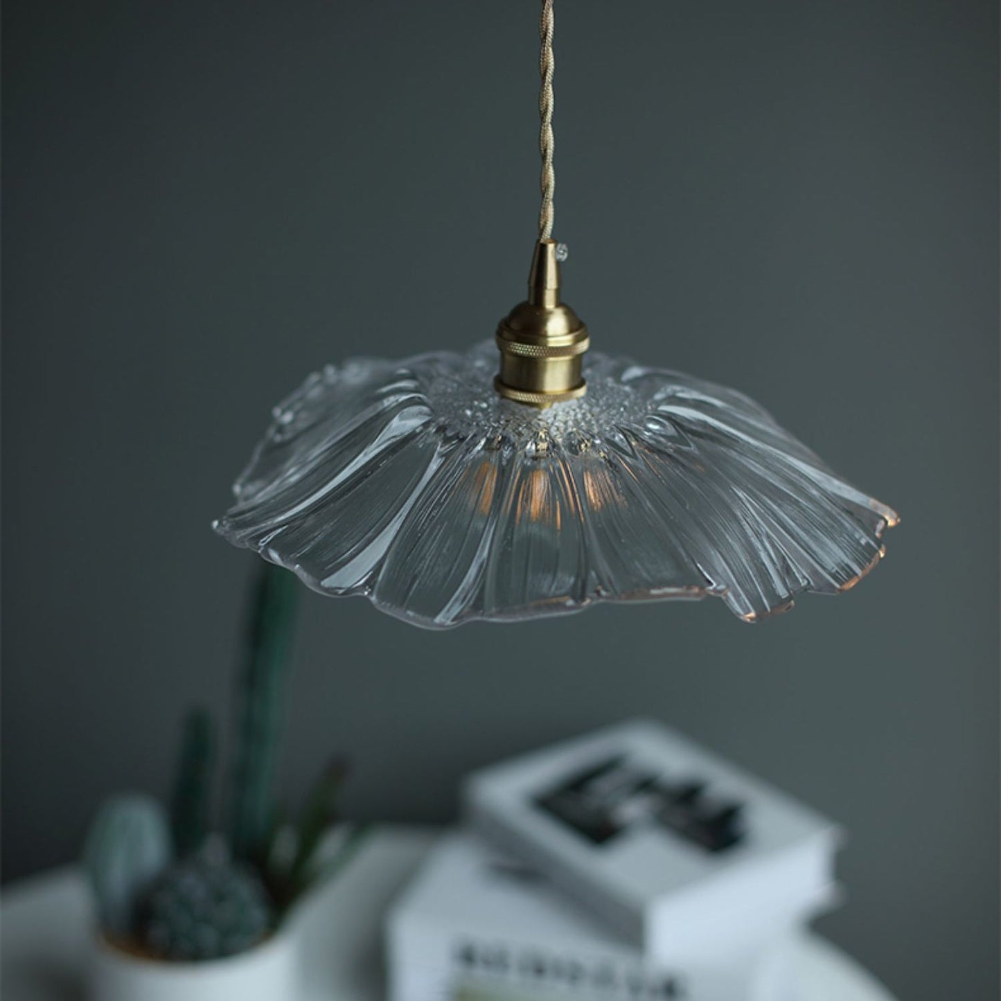 Flower Glass Pendant Lamp - Vintage Hand-Blown Petal Glass & Brass Light