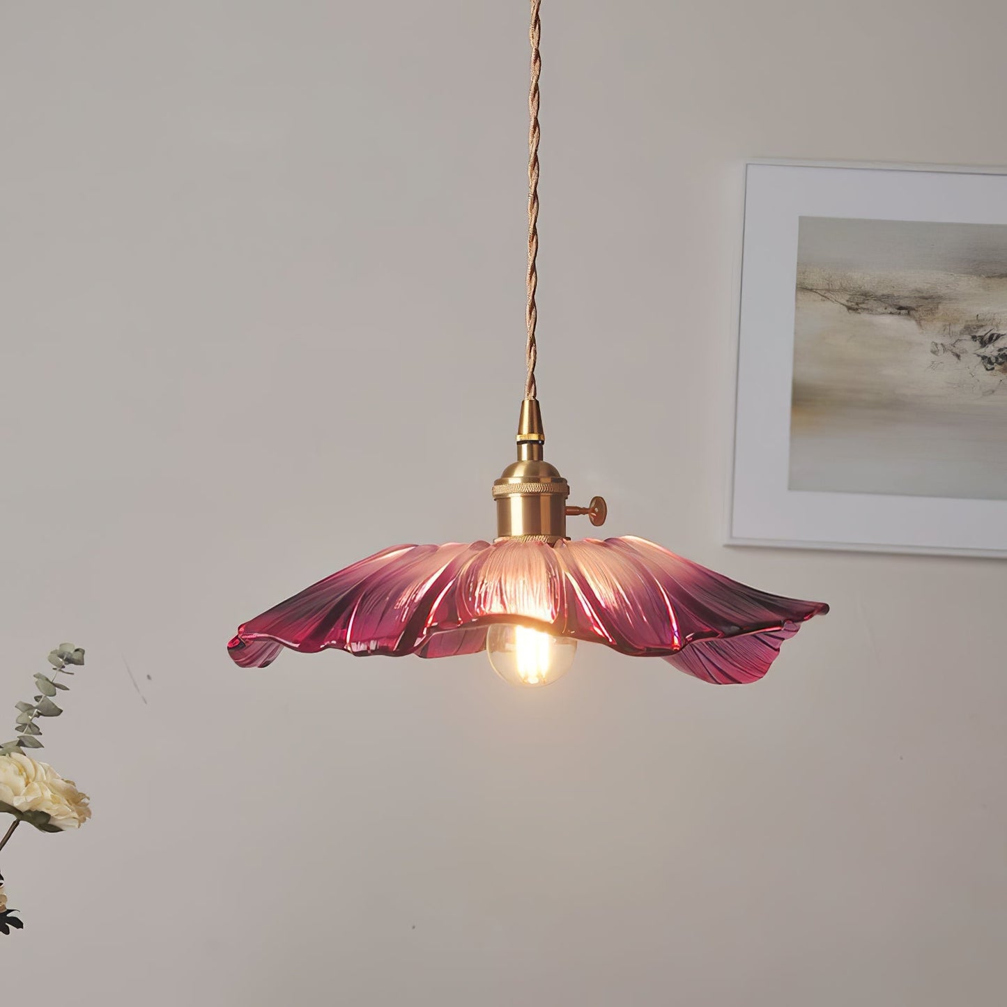 Flower Glass Pendant Lamp - Vintage Hand-Blown Petal Glass & Brass Light