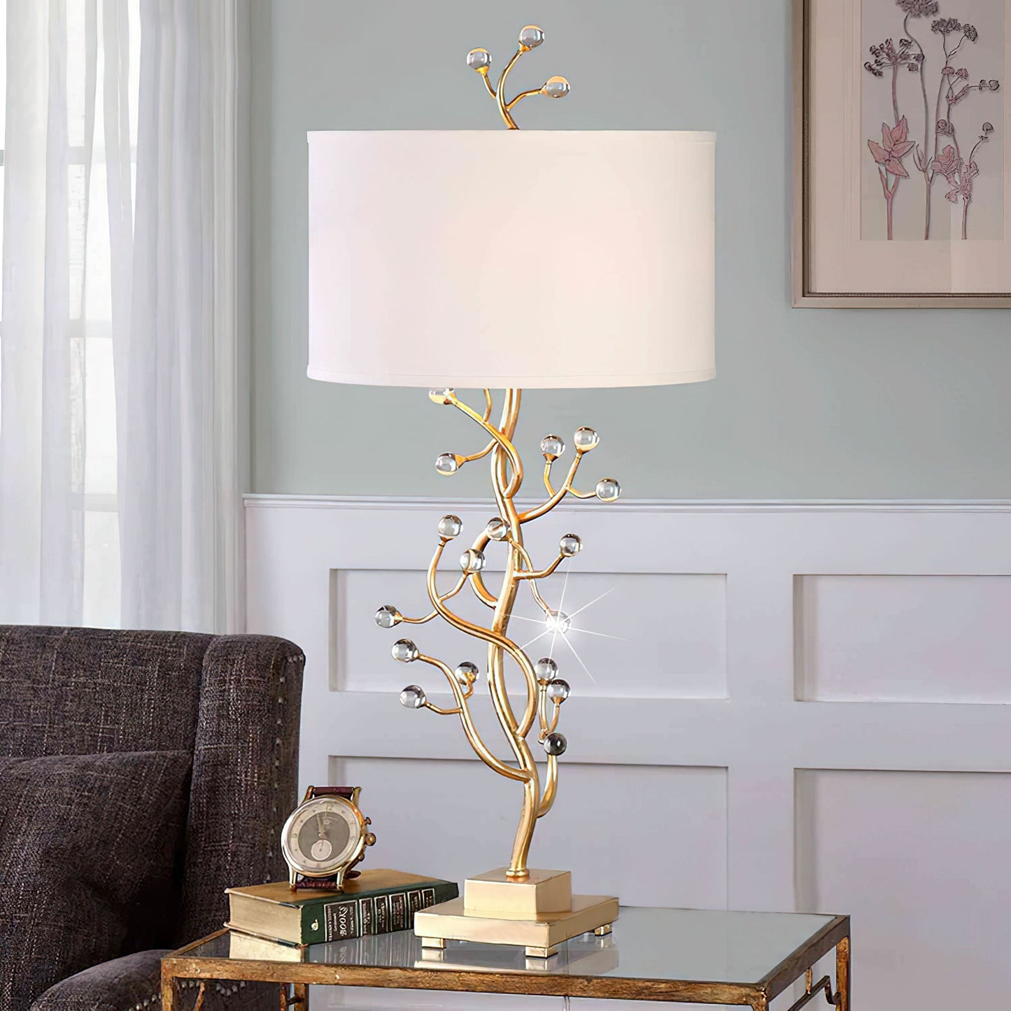 Foliage Table Lamp - Modern Brass Branch Light with Crystal Buds