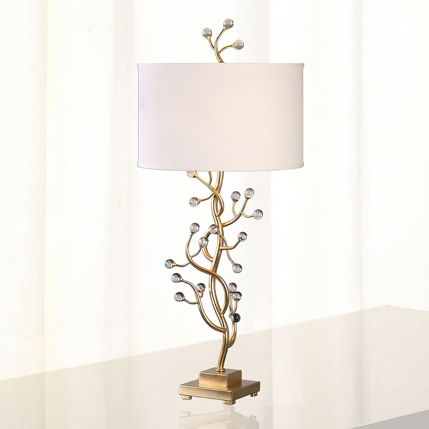 Foliage Table Lamp - Modern Brass Branch Light with Crystal Buds