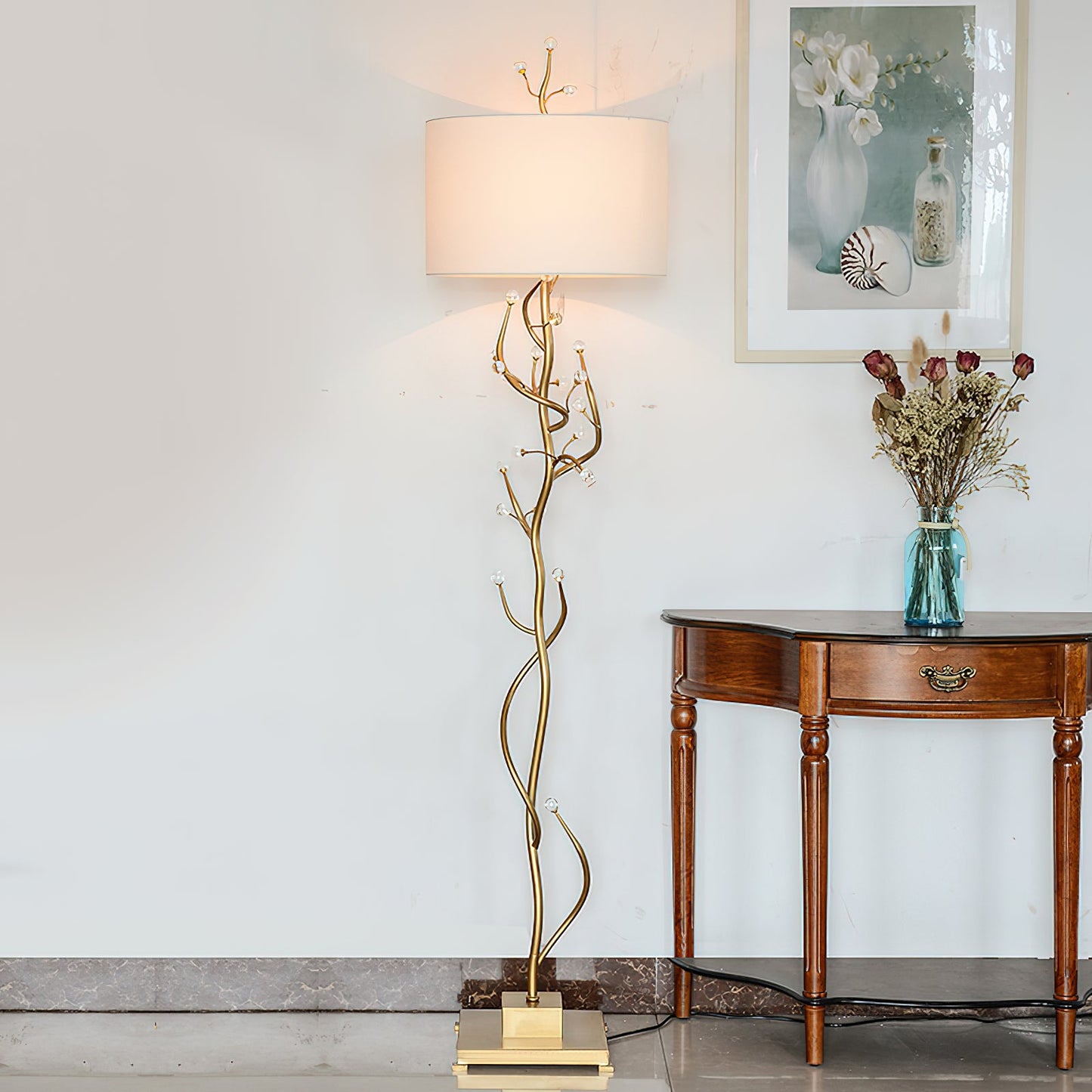 Foret Floor Lamp - Modern Brass Branch Light with Faceted Crystal Leaves