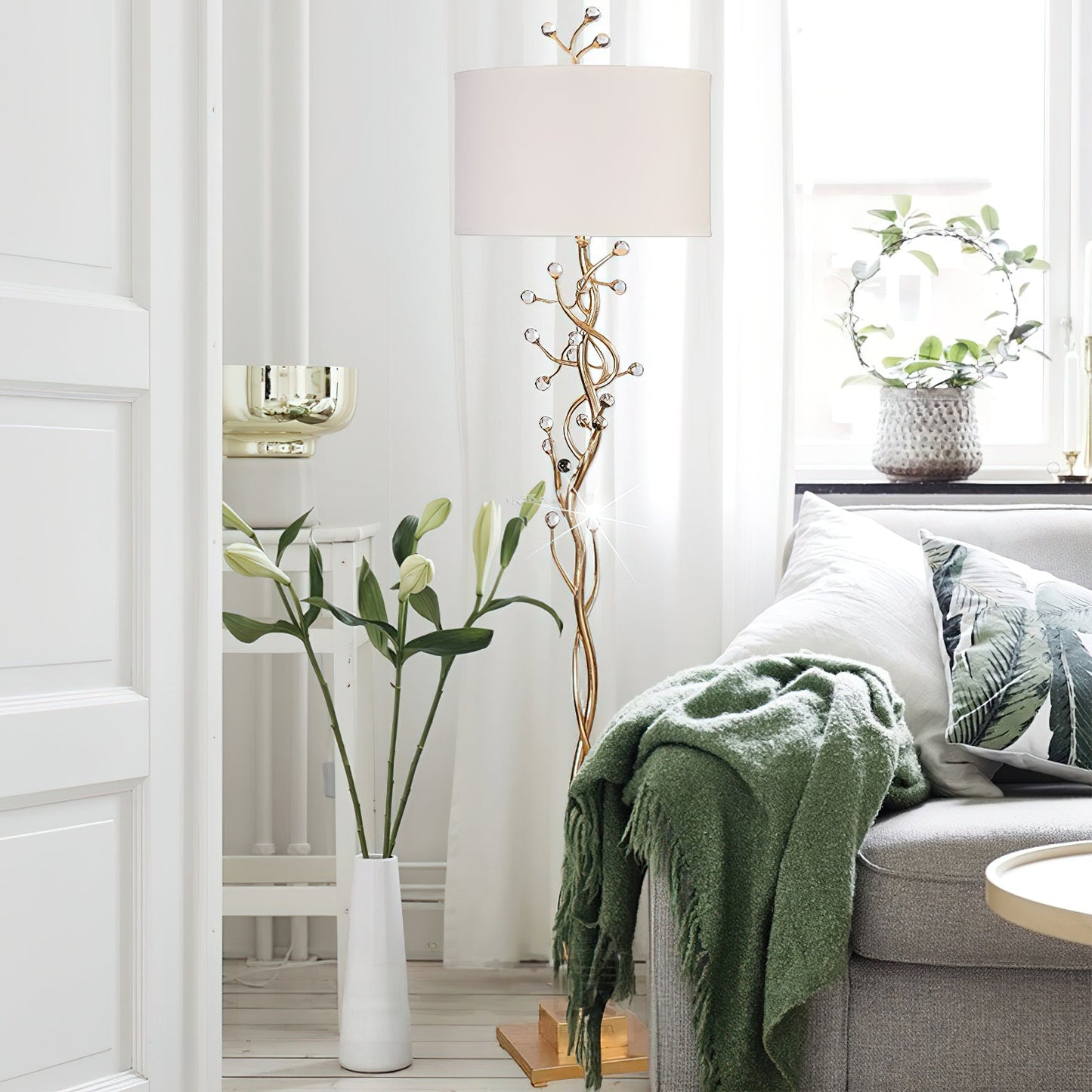 Foret Floor Lamp - Modern Brass Branch Light with Faceted Crystal Leaves