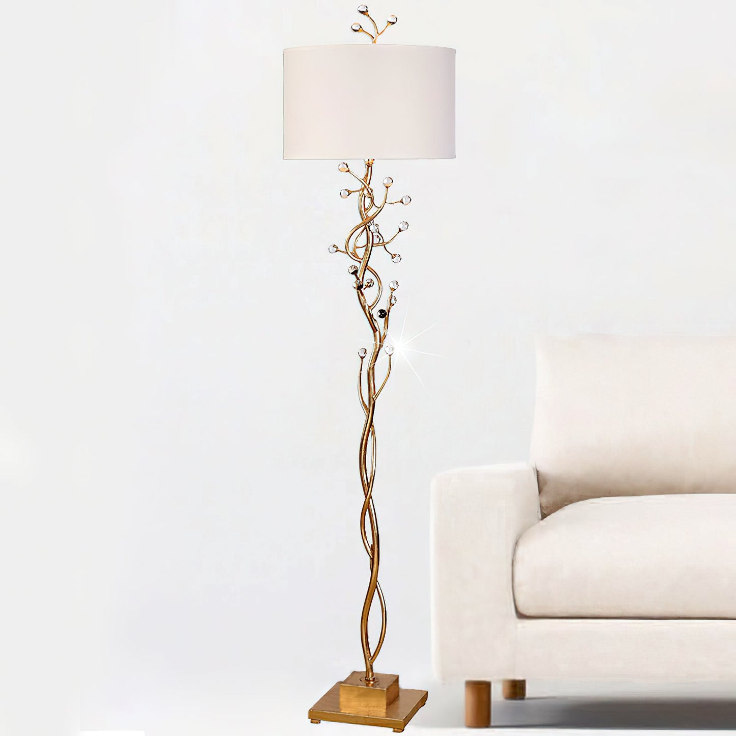 Foret Floor Lamp - Modern Brass Branch Light with Faceted Crystal Leaves