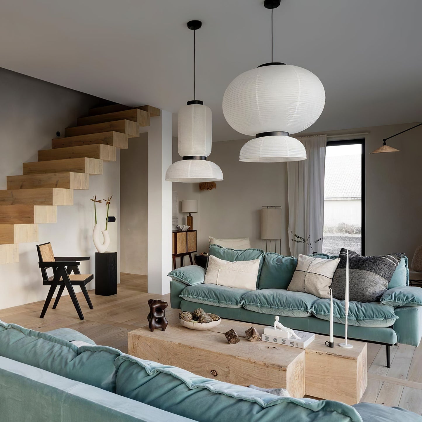 Formakami Pendant Lamp - Handcrafted Rice Paper & Black Oak Chandelier