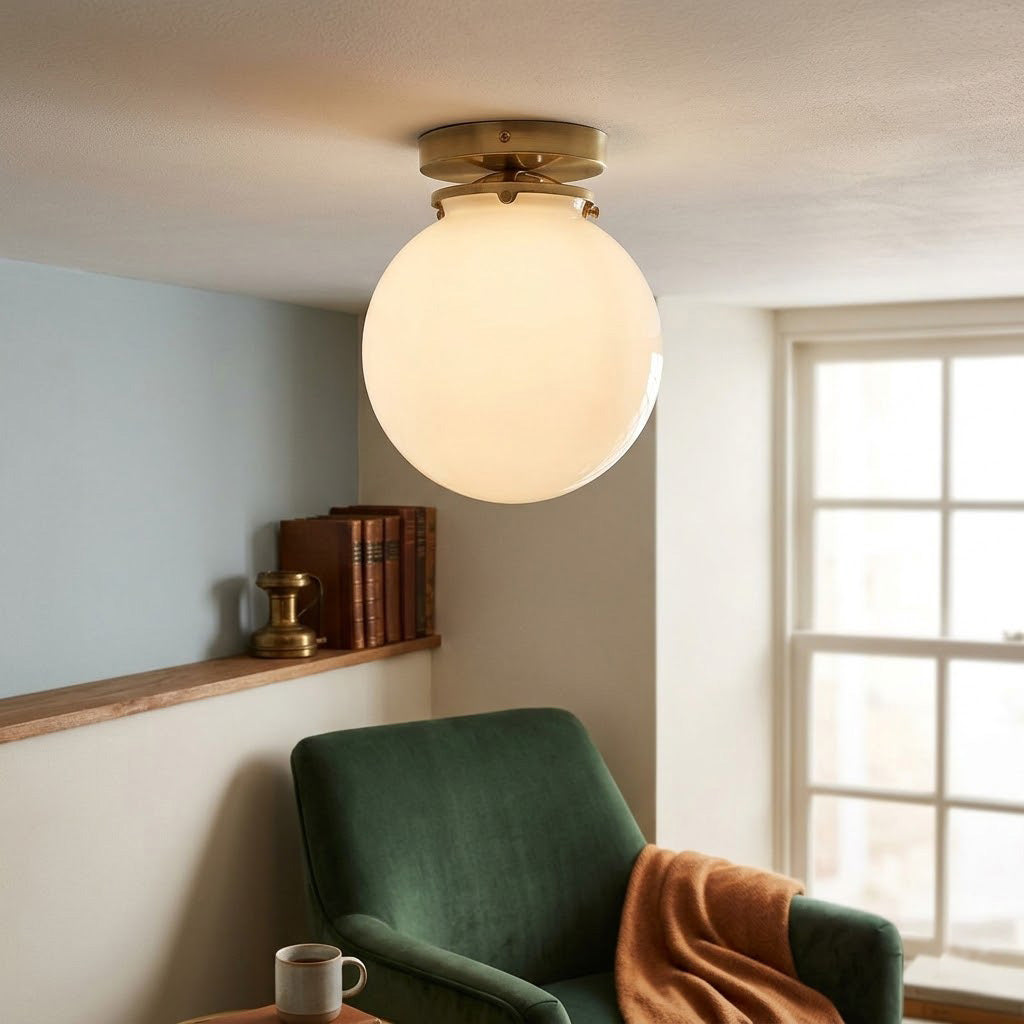 Foster Glass Ceiling Lamp - Modern Brass Flush Mount with White Globe Shade