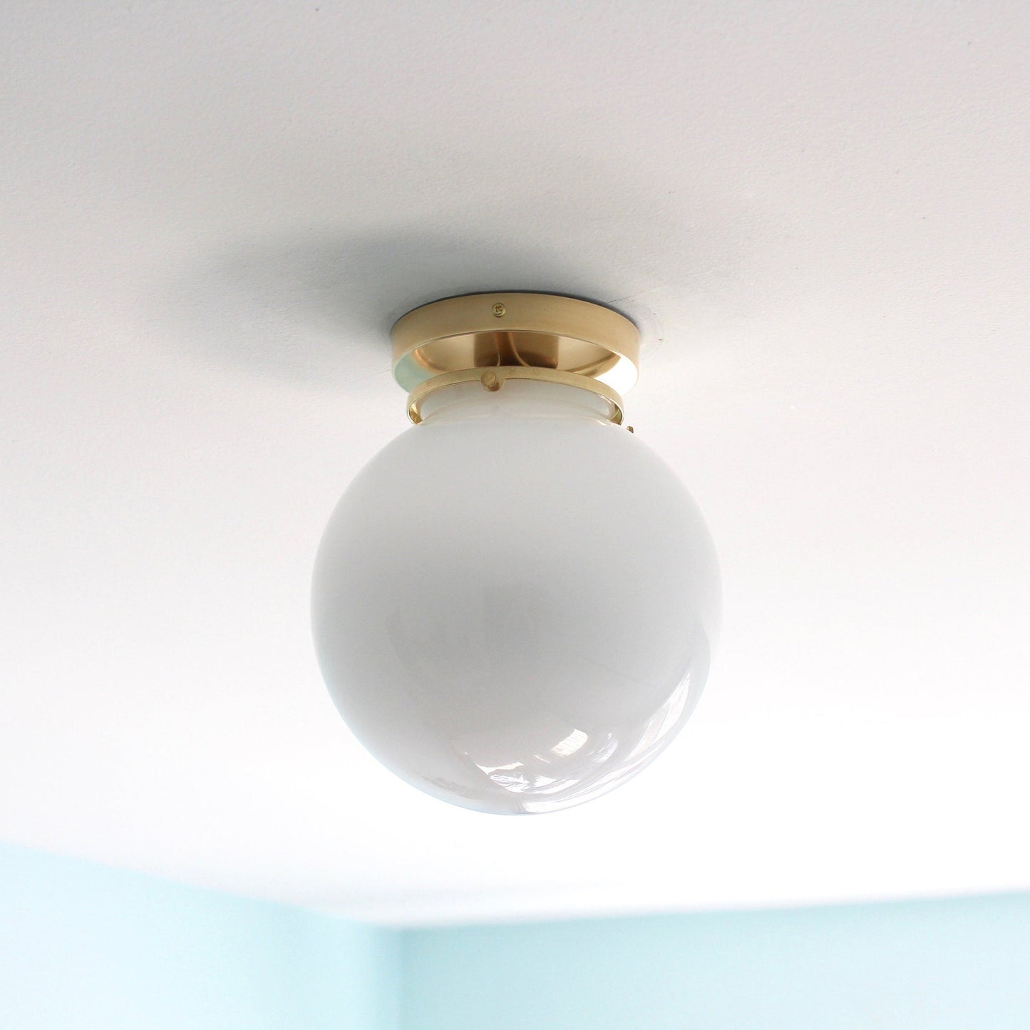 Foster Glass Ceiling Lamp - Modern Brass Flush Mount with White Globe Shade