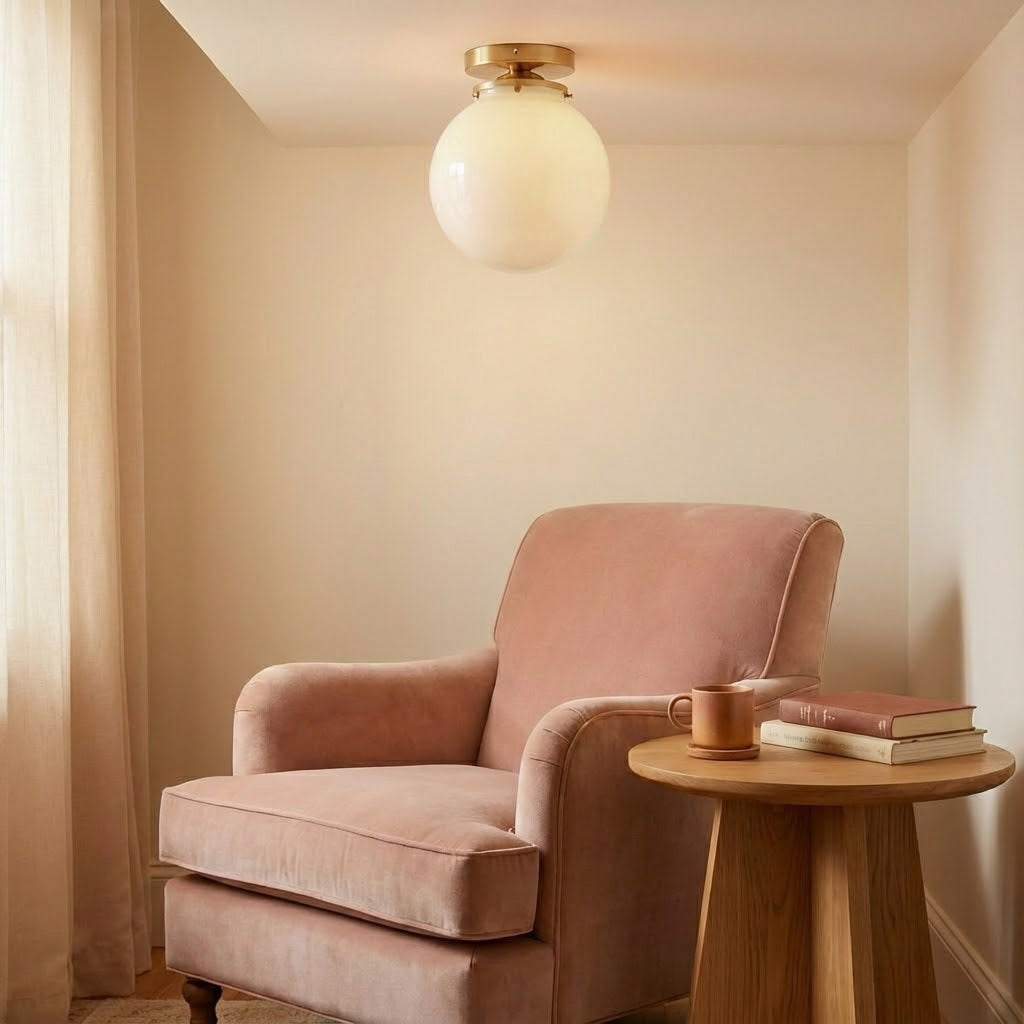 Foster Glass Ceiling Lamp - Modern Brass Flush Mount with White Globe Shade