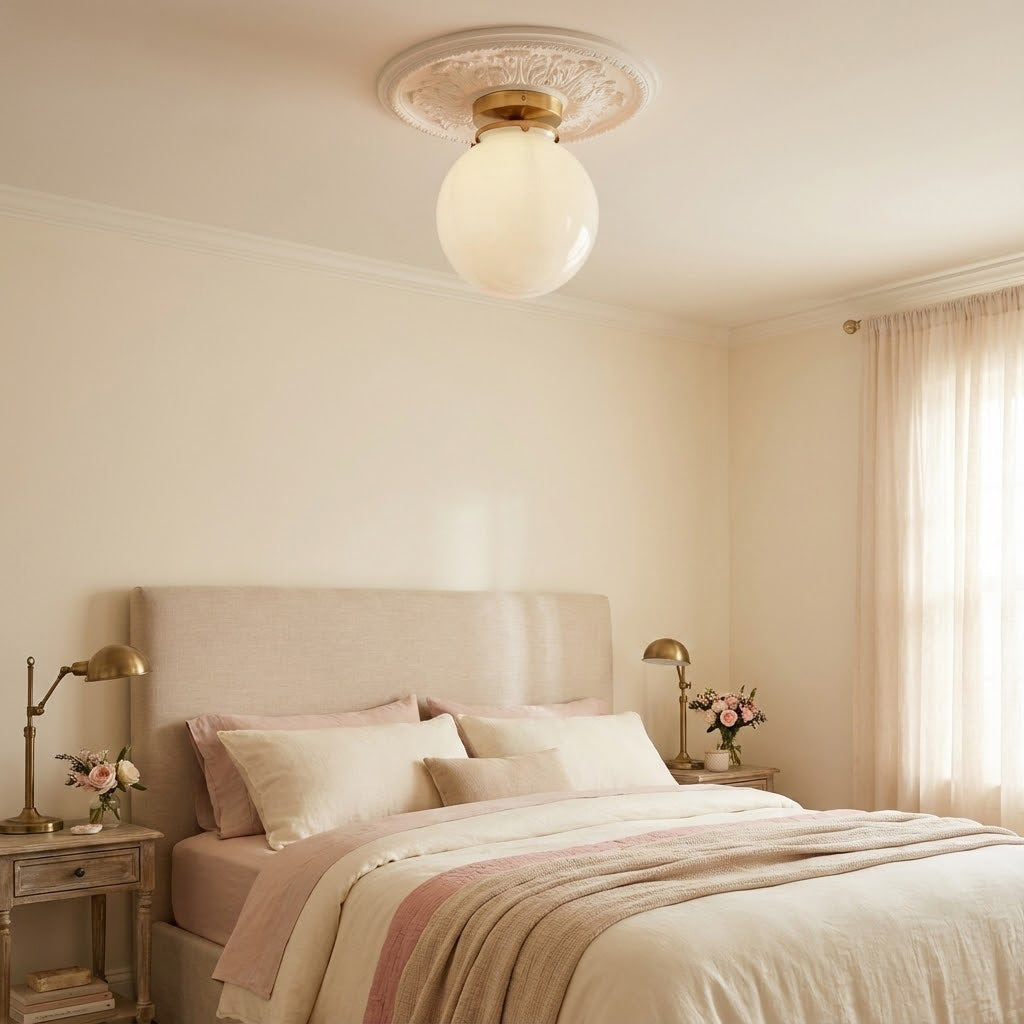 Foster Glass Ceiling Lamp - Modern Brass Flush Mount with White Globe Shade
