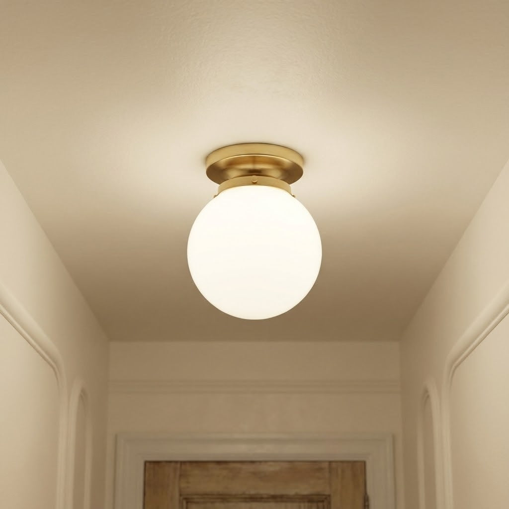 Foster Glass Ceiling Lamp - Modern Brass Flush Mount with White Globe Shade