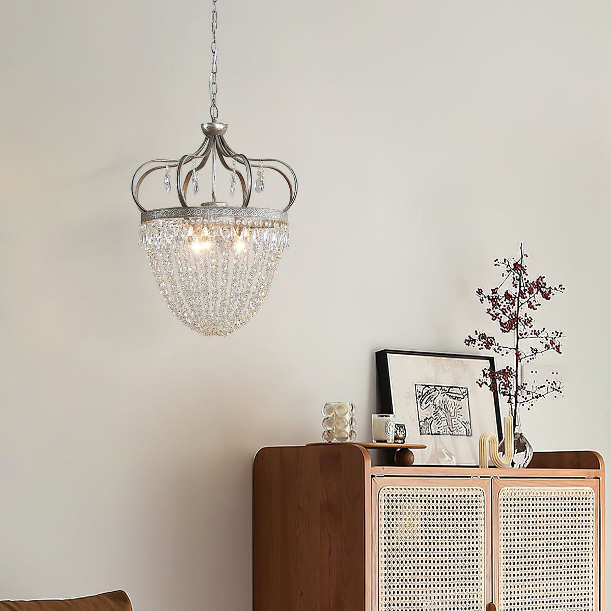 Abella Tear Drop Chandelier – Prismatic Crystal Icicle & Wrought Iron Crown Chandelier