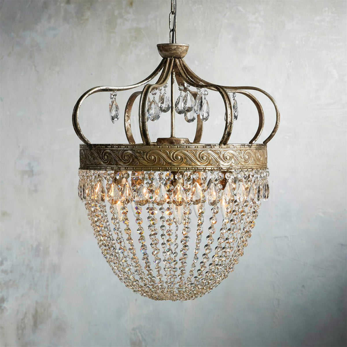 Abella Tear Drop Chandelier – Prismatic Crystal Icicle & Wrought Iron Crown Chandelier