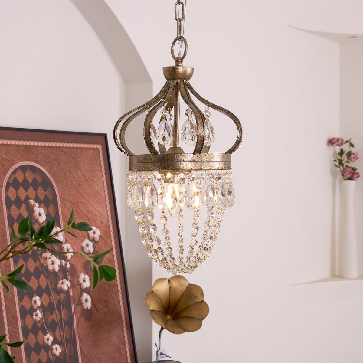 Abella Tear Drop Chandelier – Prismatic Crystal Icicle & Wrought Iron Crown Chandelier