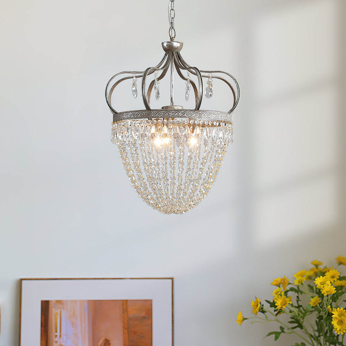 Abella Tear Drop Chandelier – Prismatic Crystal Icicle & Wrought Iron Crown Chandelier
