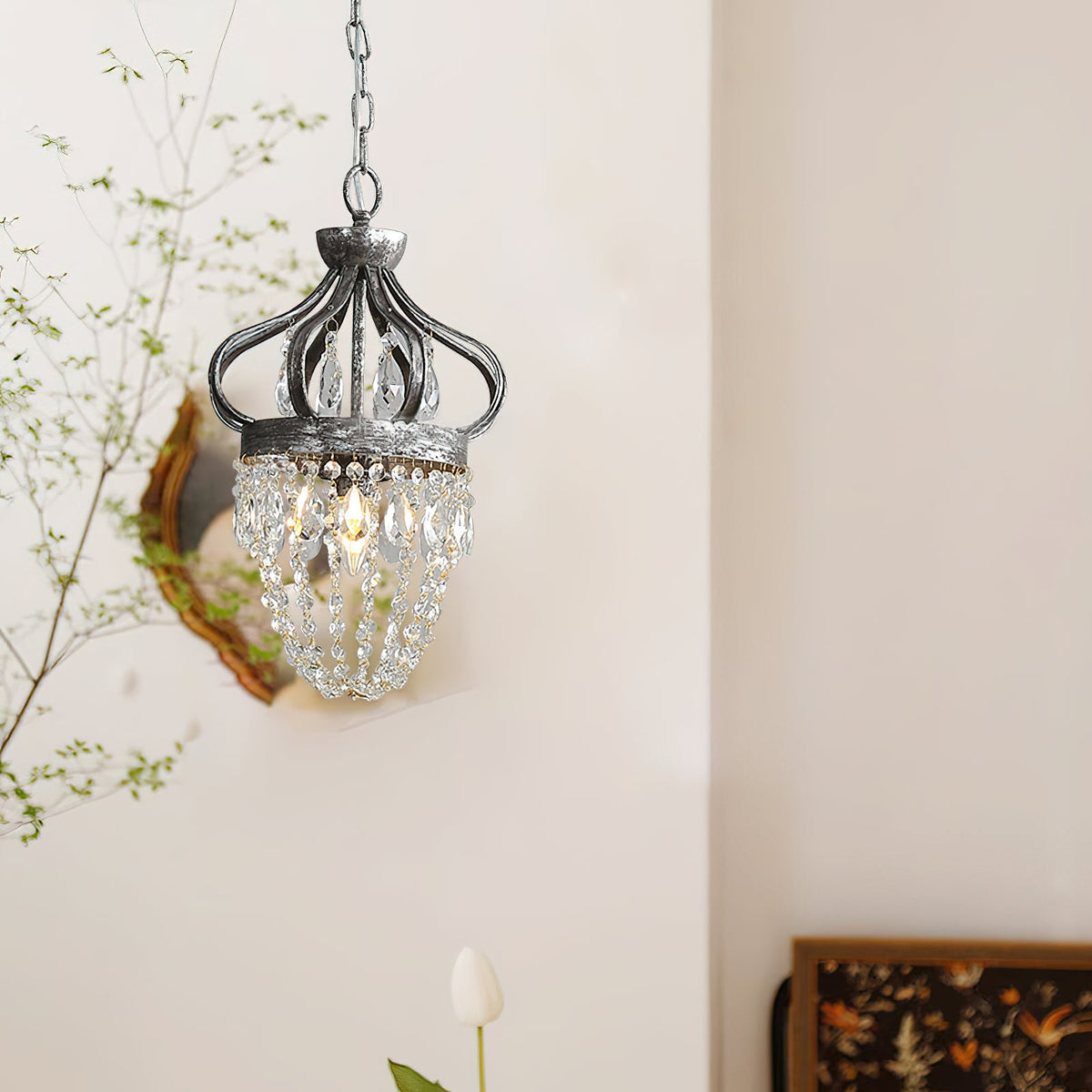 Abella Tear Drop Chandelier – Prismatic Crystal Icicle & Wrought Iron Crown Chandelier