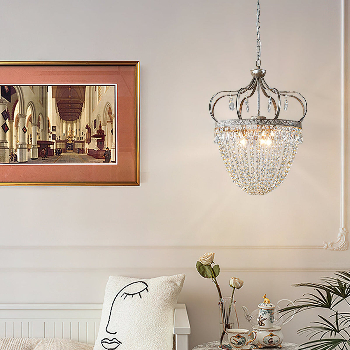 Abella Tear Drop Chandelier – Prismatic Crystal Icicle & Wrought Iron Crown Chandelier
