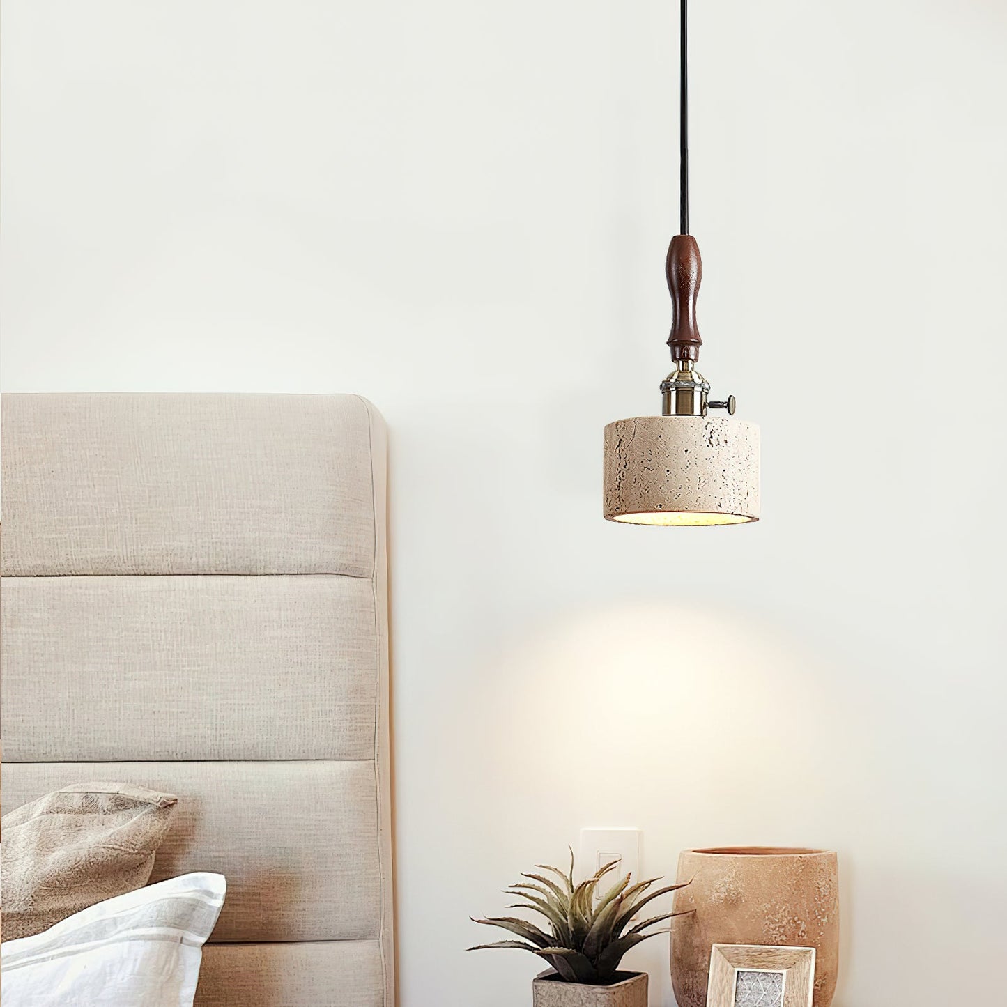 Franciska Pendant Lamp - Travertine Stone & Solid Walnut Wood Minimalist Light