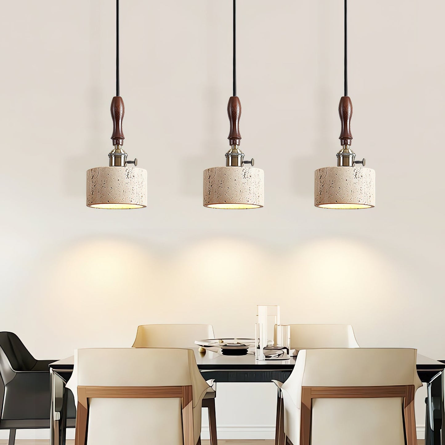 Franciska Pendant Lamp - Travertine Stone & Solid Walnut Wood Minimalist Light