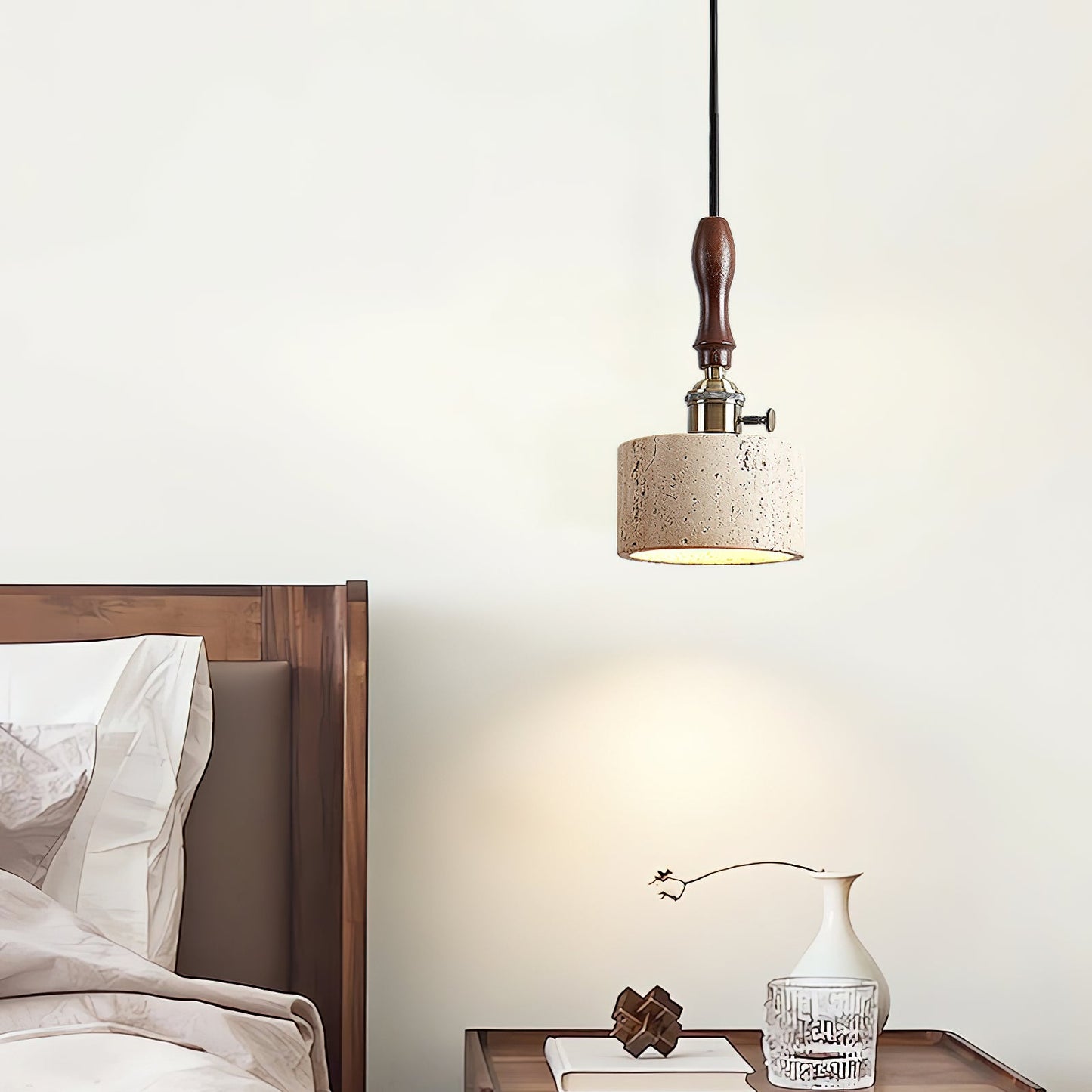 Franciska Pendant Lamp - Travertine Stone & Solid Walnut Wood Minimalist Light