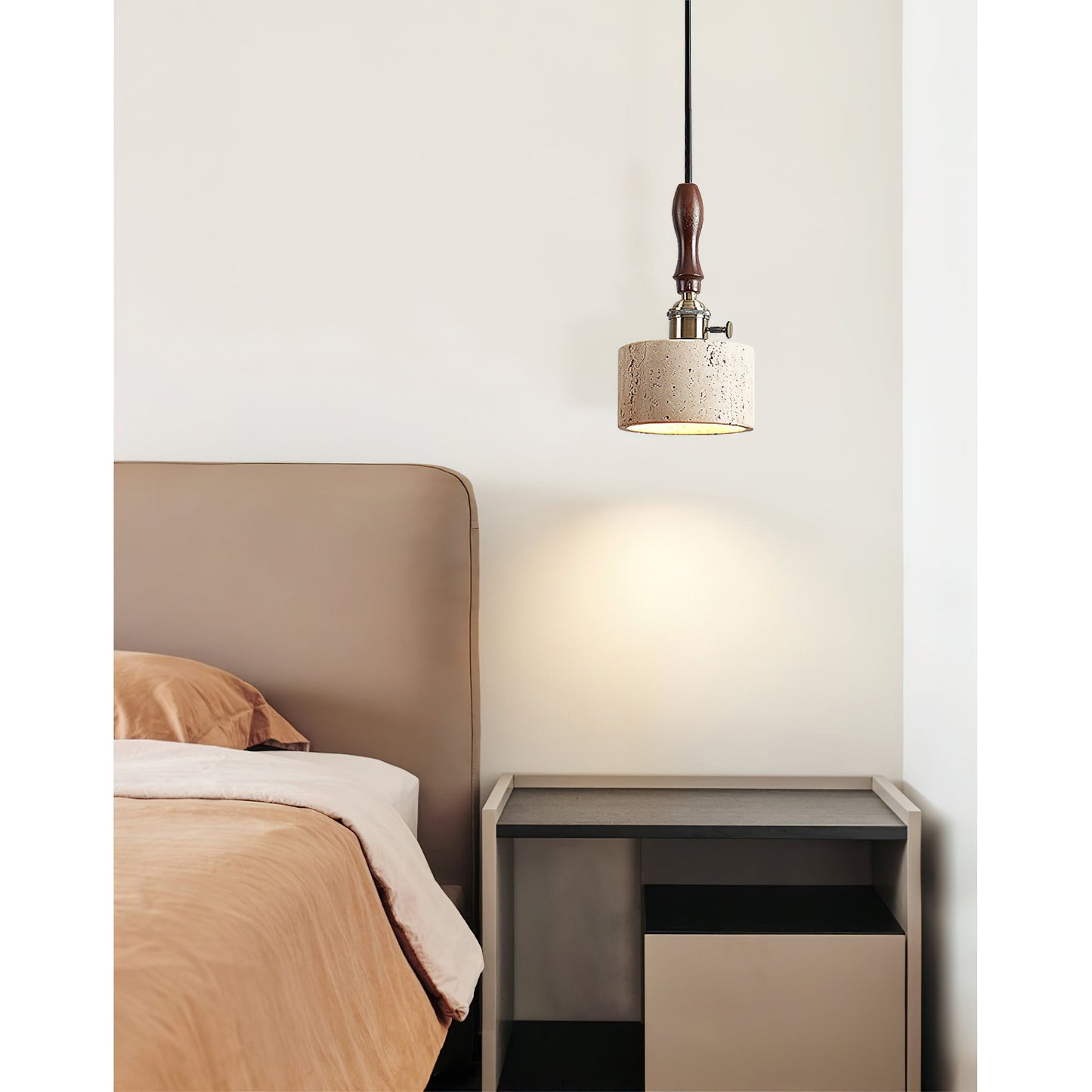 Franciska Pendant Lamp - Travertine Stone & Solid Walnut Wood Minimalist Light